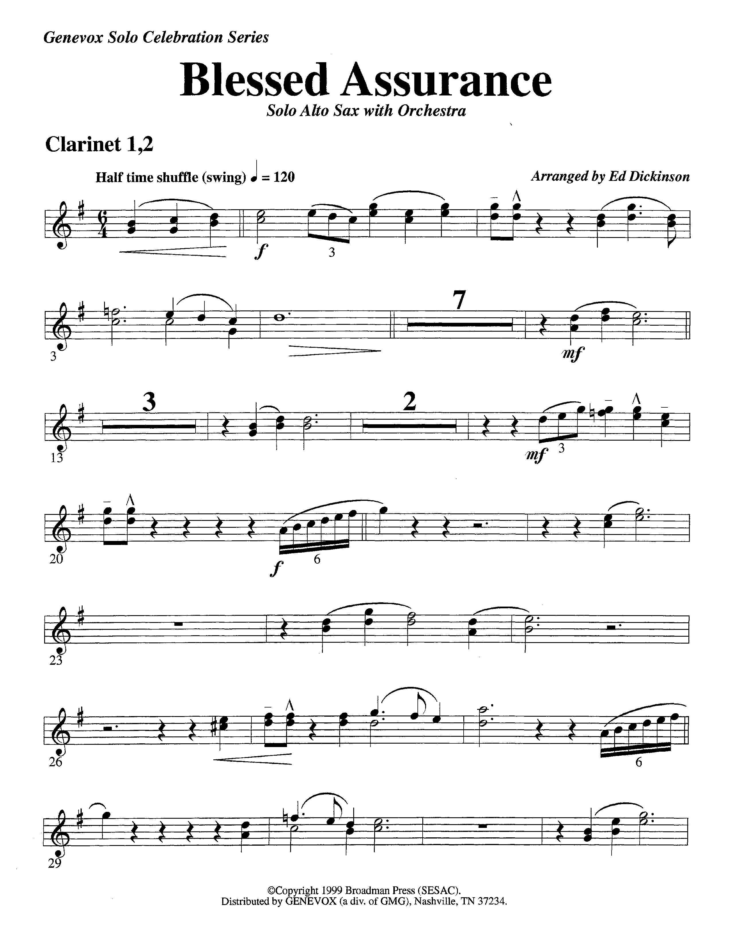 Blessed Assurance (with Solo Alto Sax) (Instrumental) Clarinet 1/2 (Lifeway Worship / Arr. Ed Dickinson)