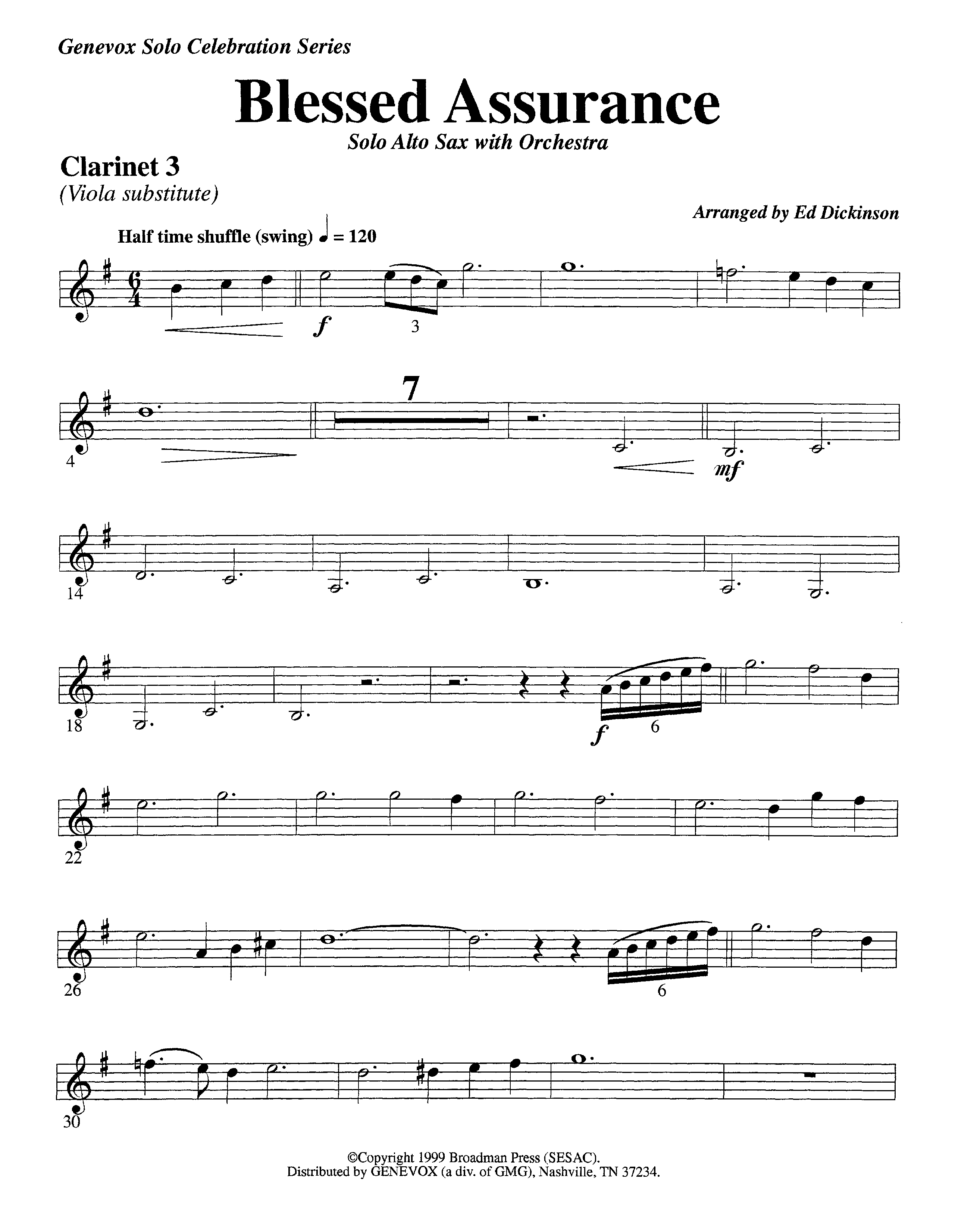 Blessed Assurance (with Solo Alto Sax) (Instrumental) Clarinet 3 (Lifeway Worship / Arr. Ed Dickinson)