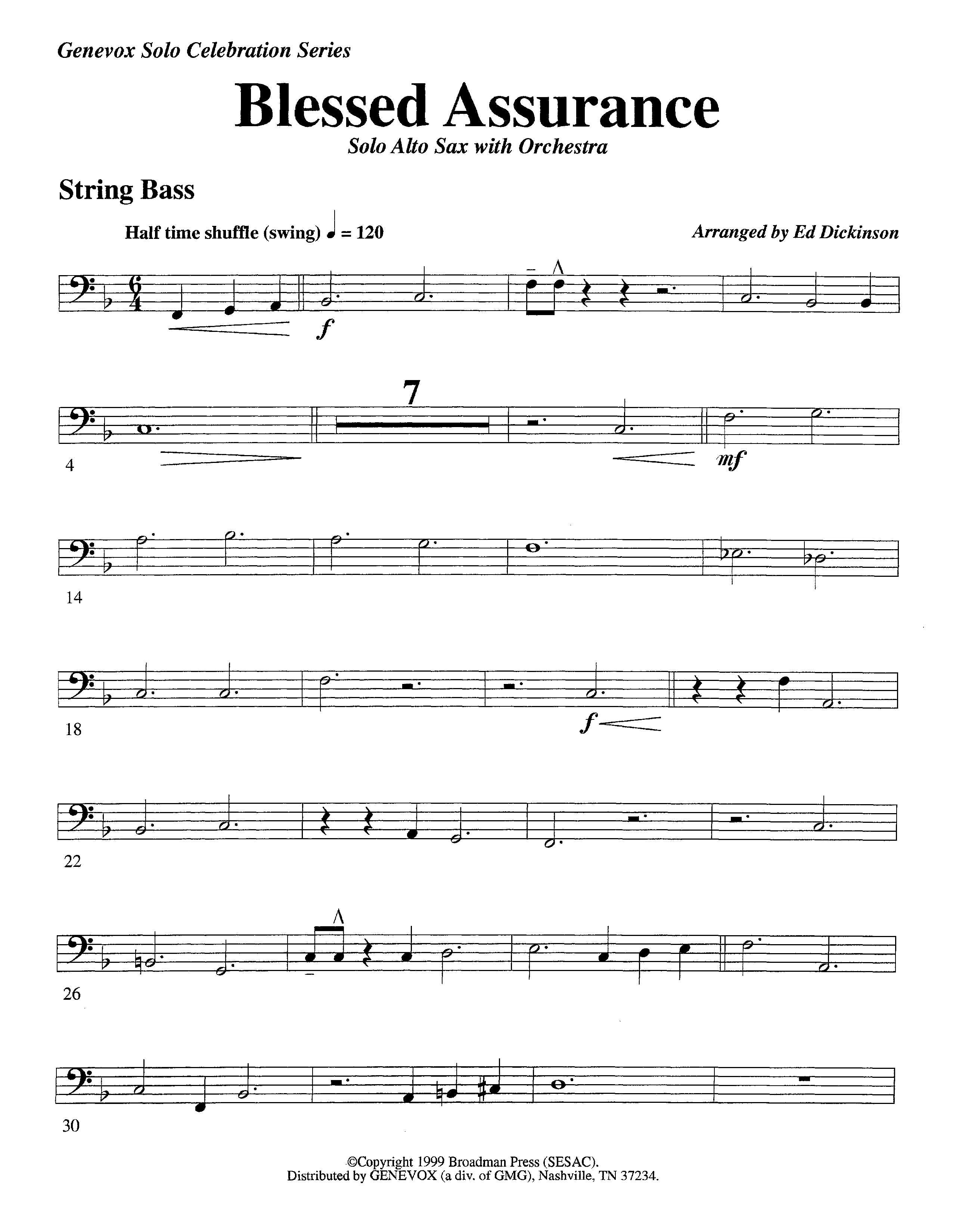 Blessed Assurance (with Solo Alto Sax) (Instrumental) Double Bass (Lifeway Worship / Arr. Ed Dickinson)