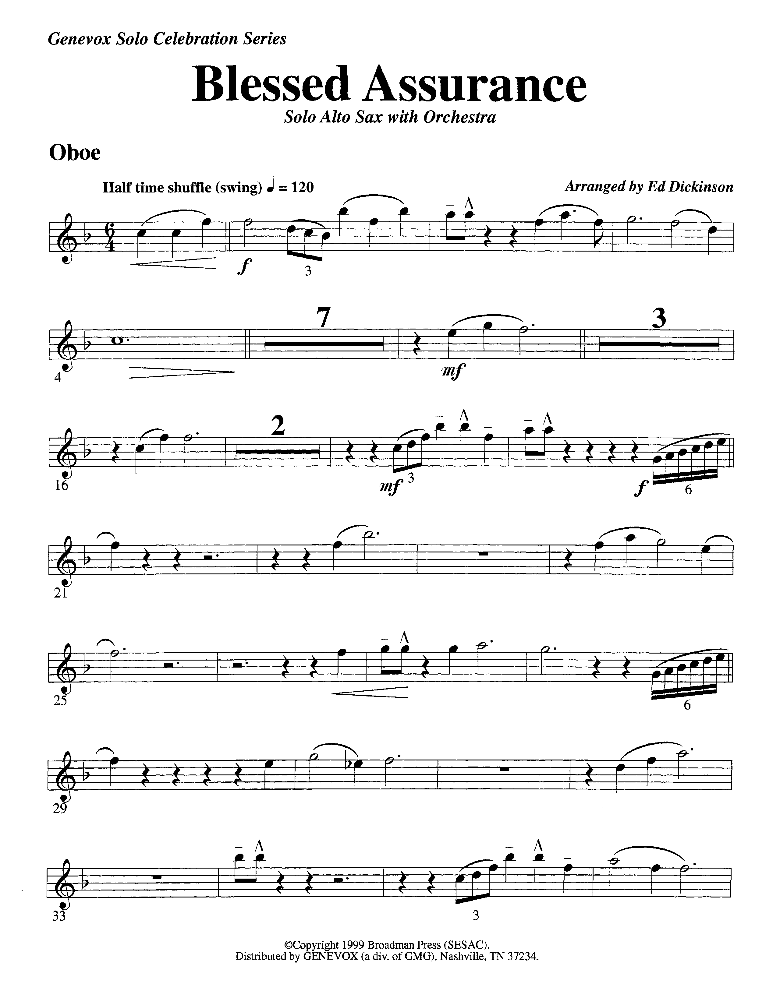 Blessed Assurance (with Solo Alto Sax) (Instrumental) Oboe (Lifeway Worship / Arr. Ed Dickinson)