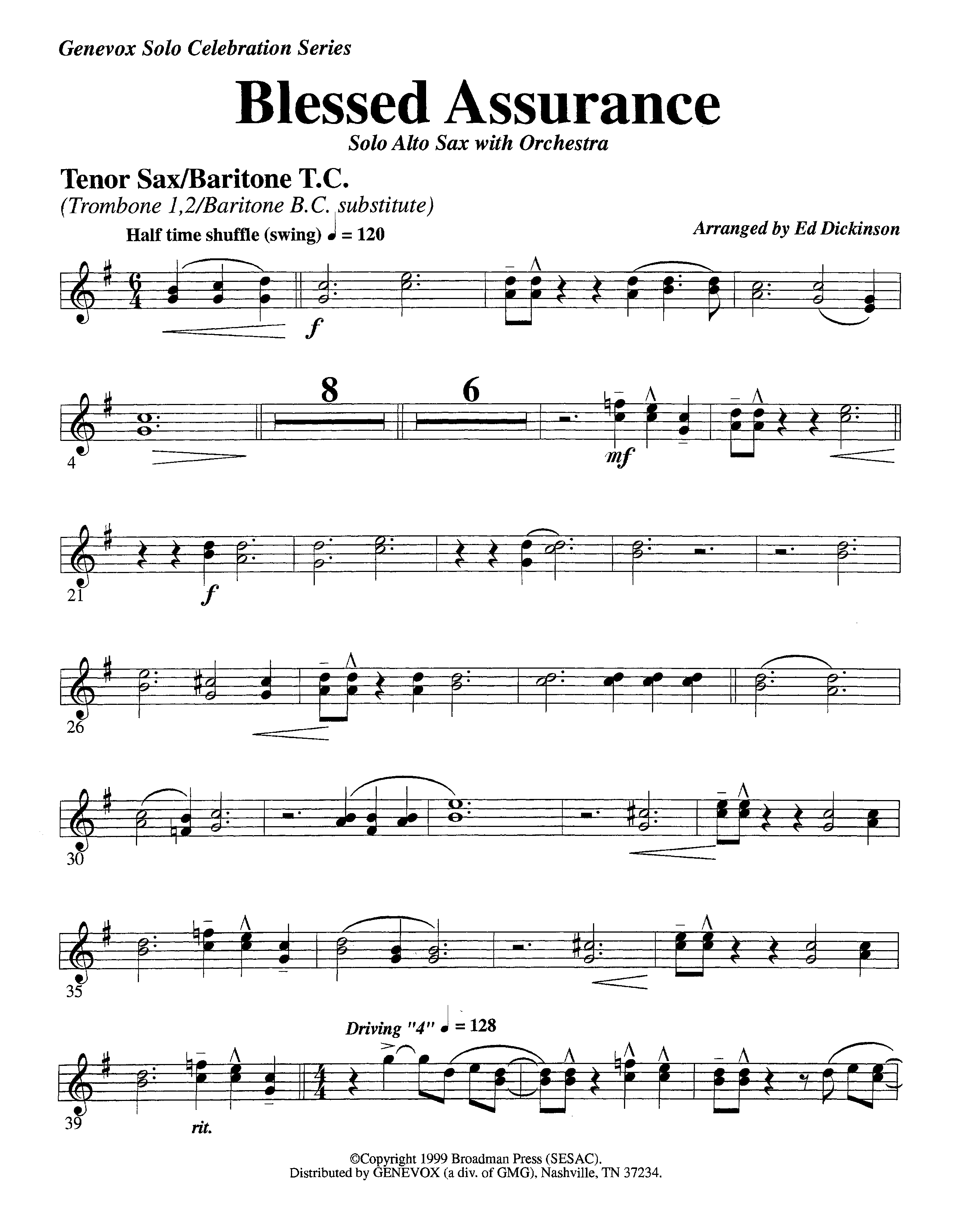 Blessed Assurance (with Solo Alto Sax) (Instrumental) Tenor Sax/Baritone T.C. (Lifeway Worship / Arr. Ed Dickinson)