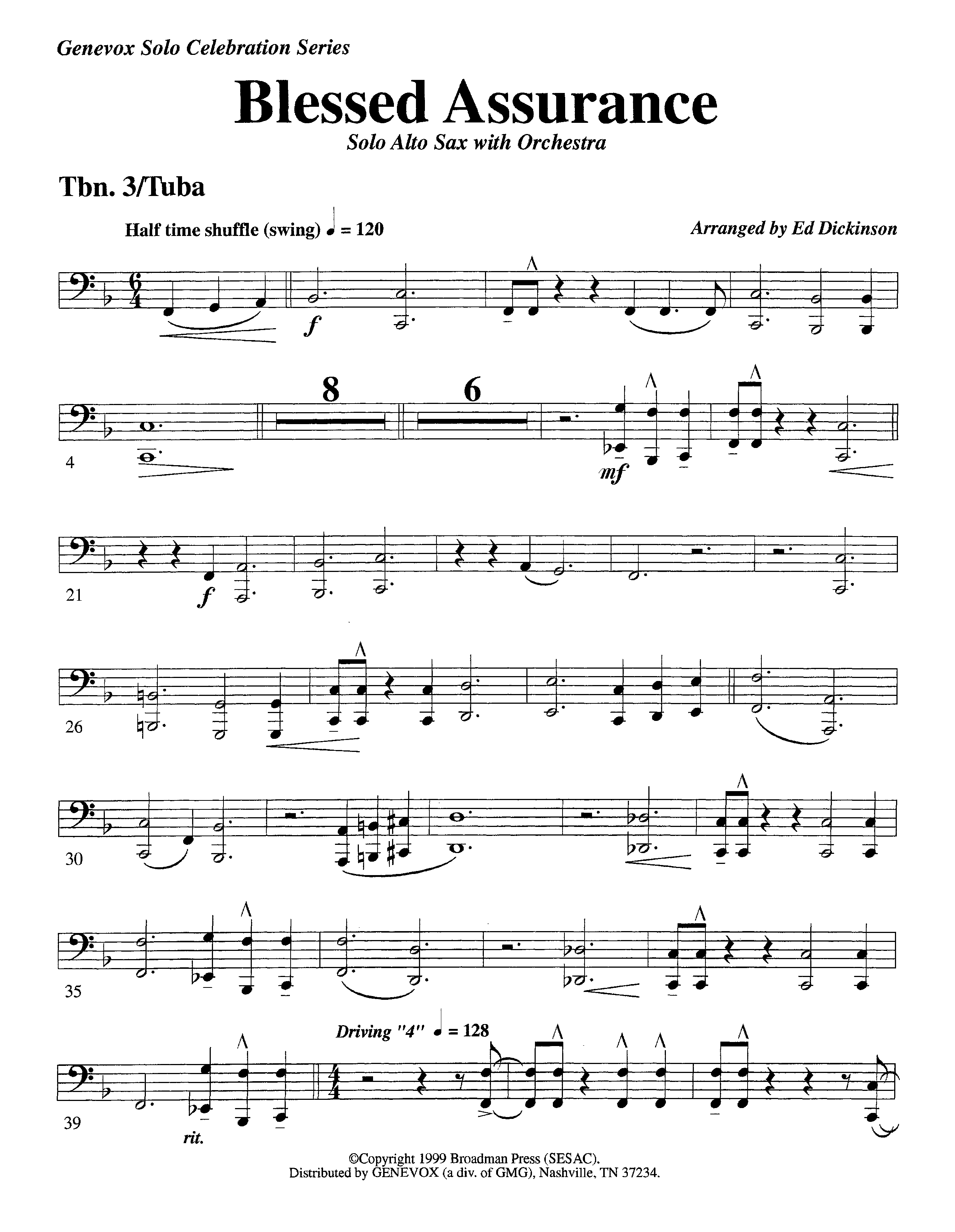 Blessed Assurance (with Solo Alto Sax) (Instrumental) Trombone 3/Tuba (Lifeway Worship / Arr. Ed Dickinson)