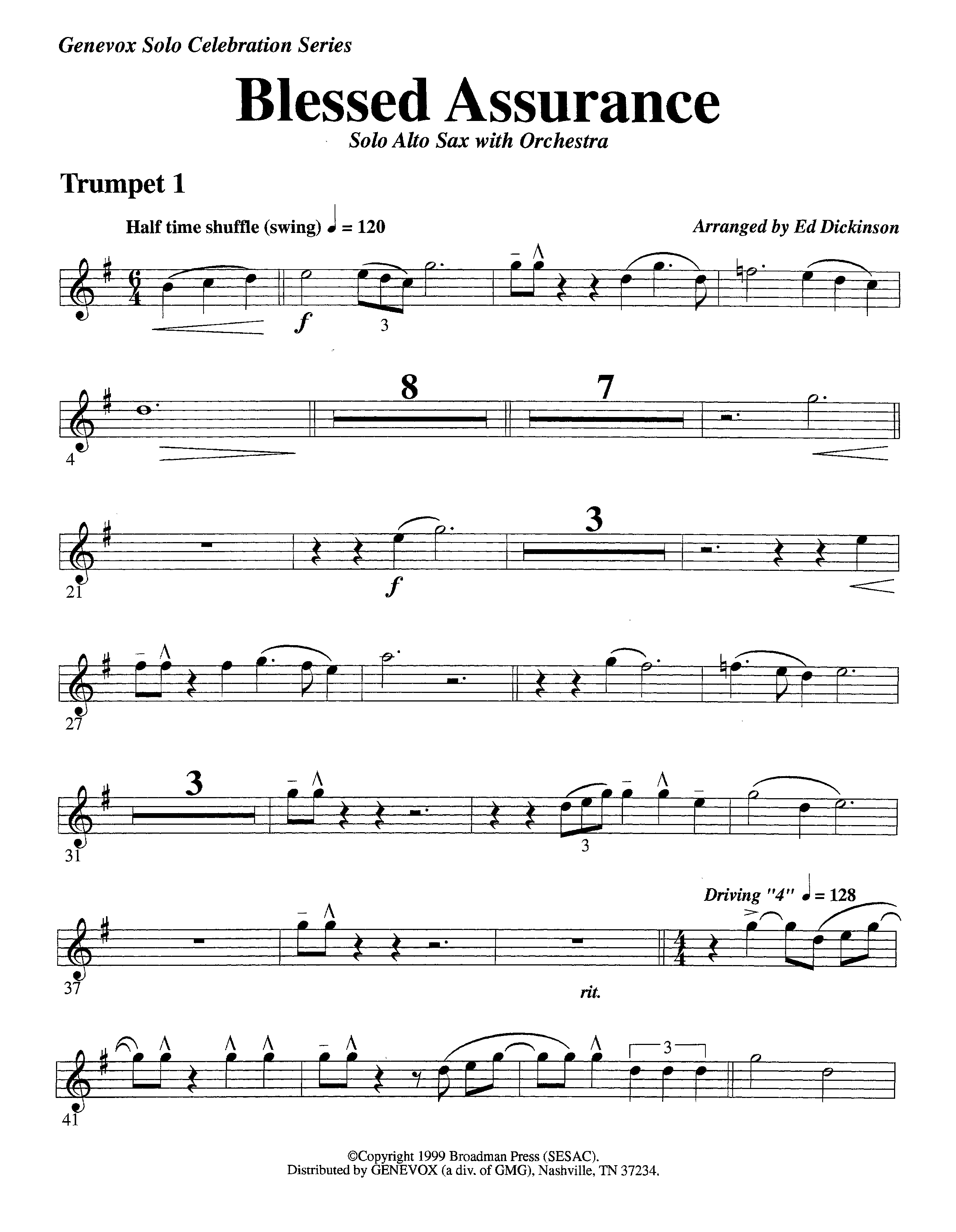 Blessed Assurance (with Solo Alto Sax) (Instrumental) Trumpet 1 (Lifeway Worship / Arr. Ed Dickinson)