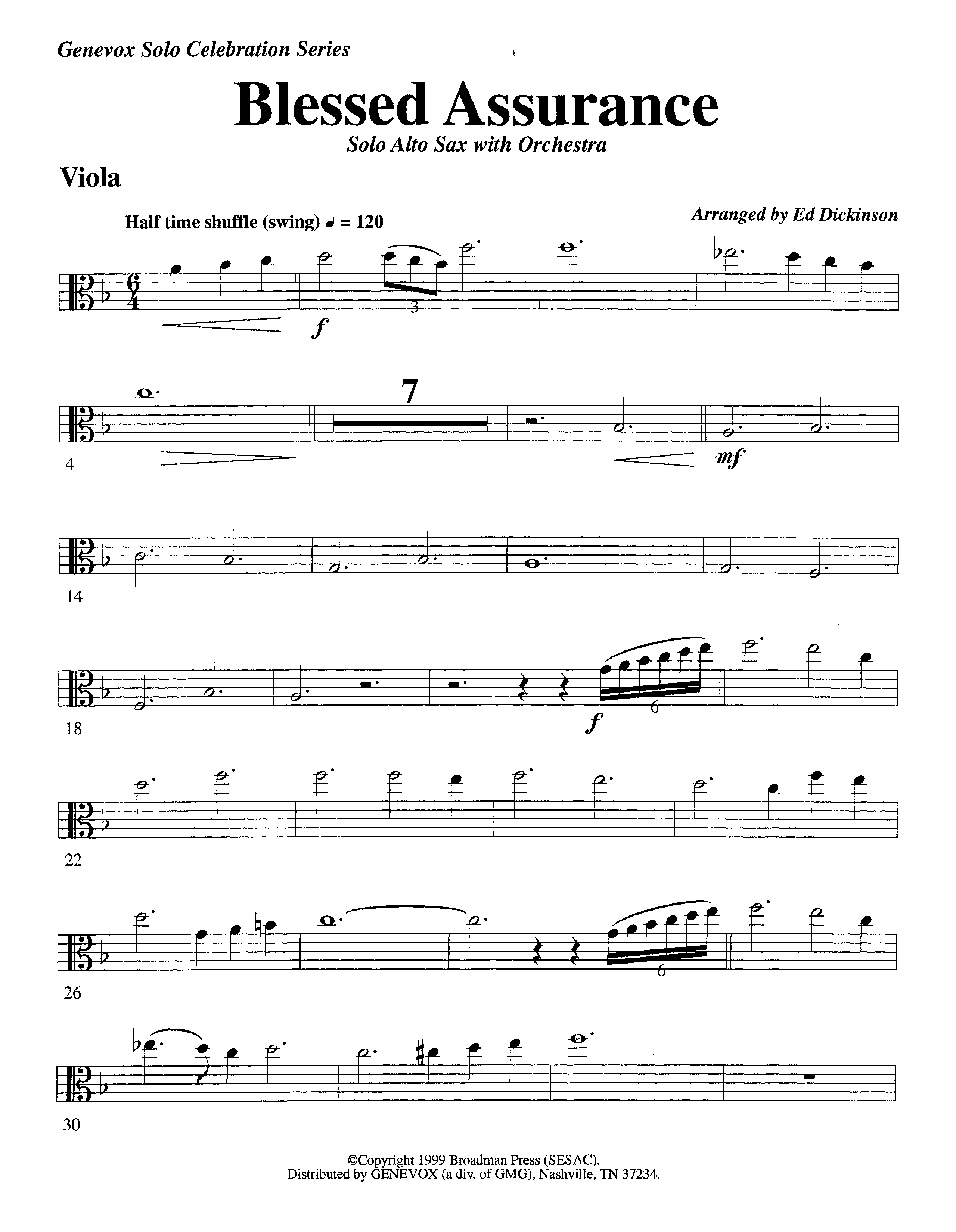 Blessed Assurance (with Solo Alto Sax) (Instrumental) Viola (Lifeway Worship / Arr. Ed Dickinson)