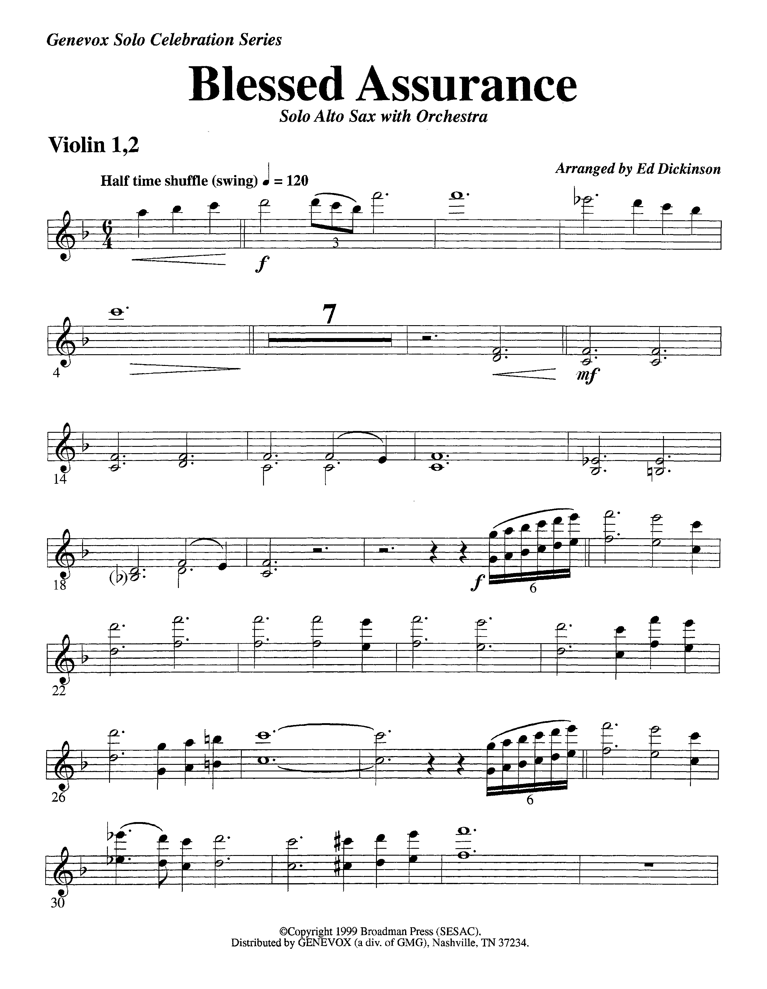 Blessed Assurance (with Solo Alto Sax) (Instrumental) Violin 1/2 (Lifeway Worship / Arr. Ed Dickinson)