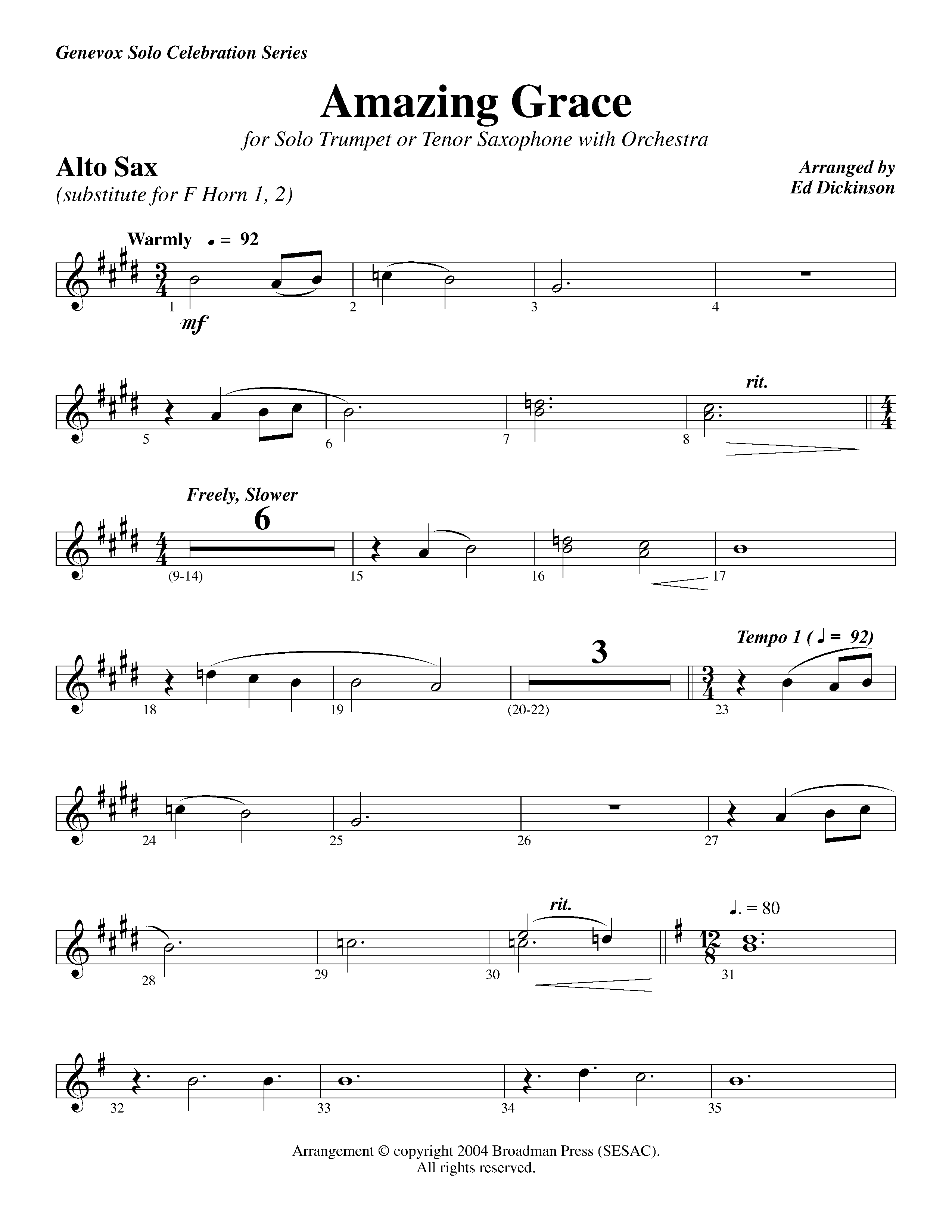 Amazing Grace (with Solo Trumpet) (Instrumental) Alto Sax (Lifeway Worship / Arr. Ed Dickinson)