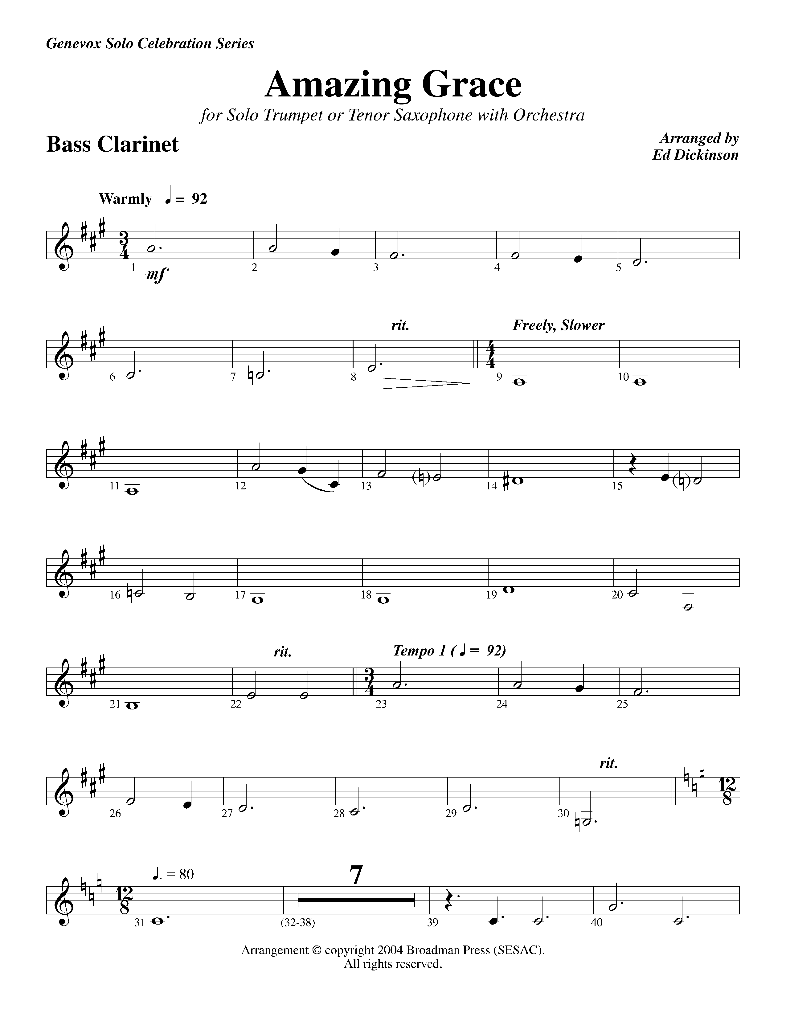 Amazing Grace (with Solo Trumpet) (Instrumental) Bass Clarinet (Lifeway Worship / Arr. Ed Dickinson)