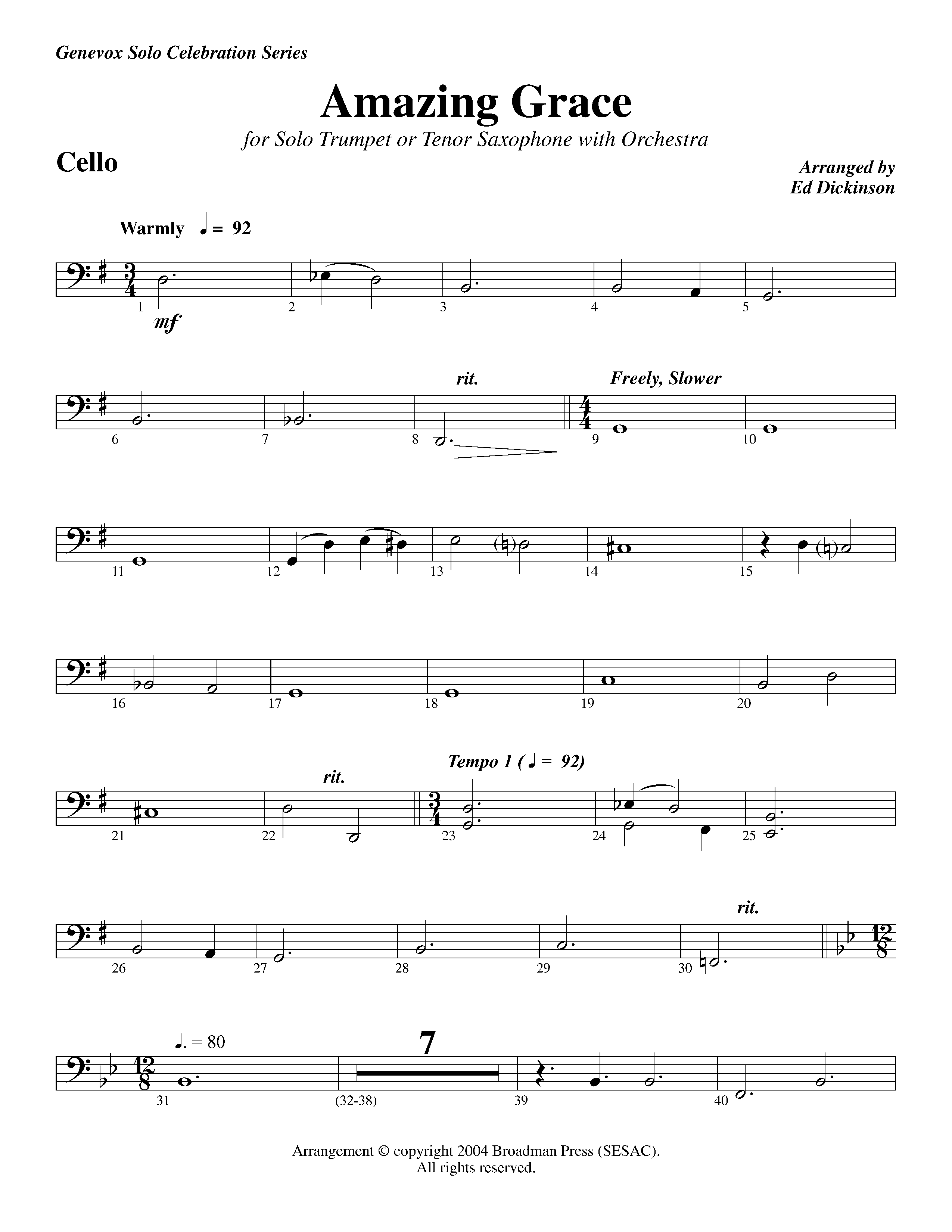 Amazing Grace (with Solo Trumpet) (Instrumental) Cello (Lifeway Worship / Arr. Ed Dickinson)