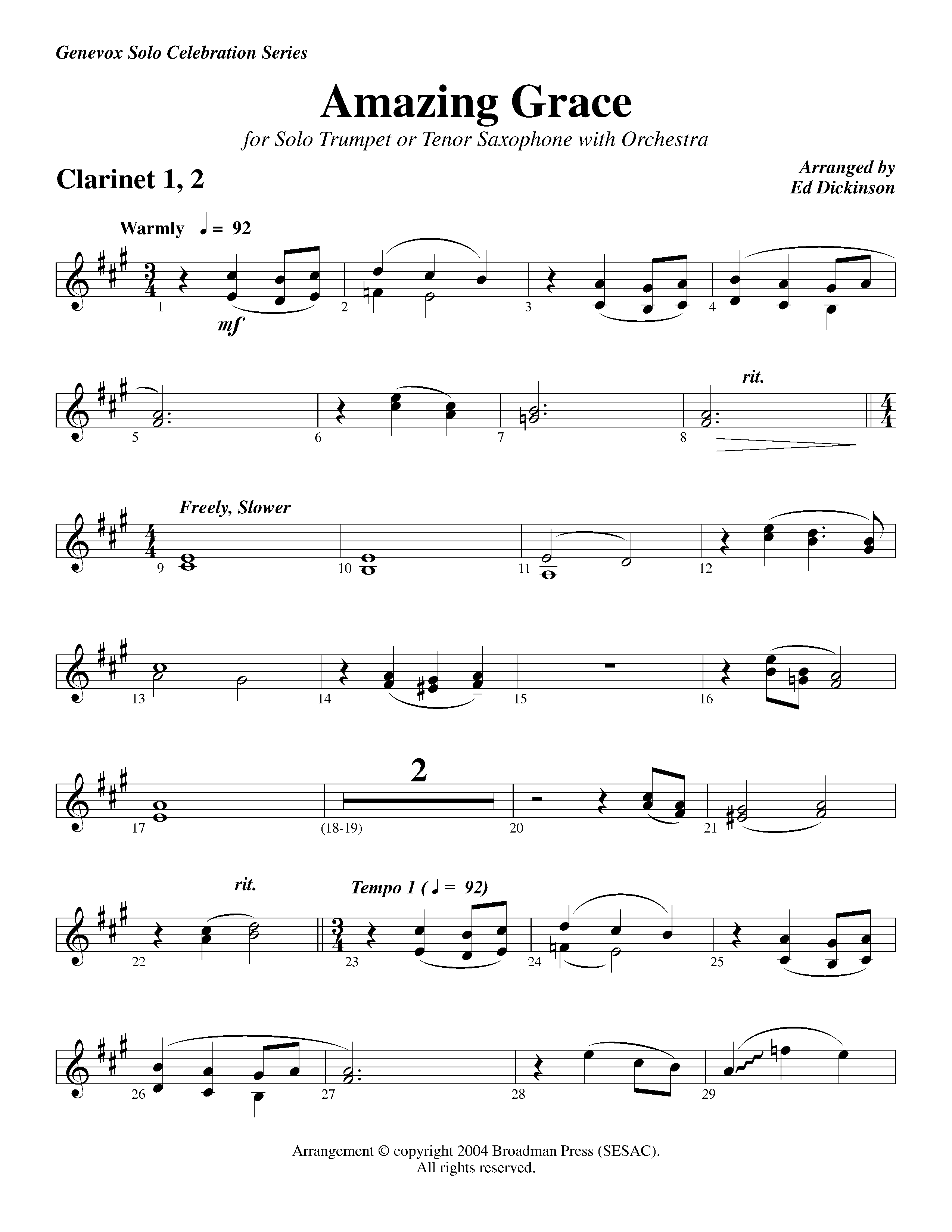 Amazing Grace (with Solo Trumpet) (Instrumental) Clarinet 1/2 (Lifeway Worship / Arr. Ed Dickinson)