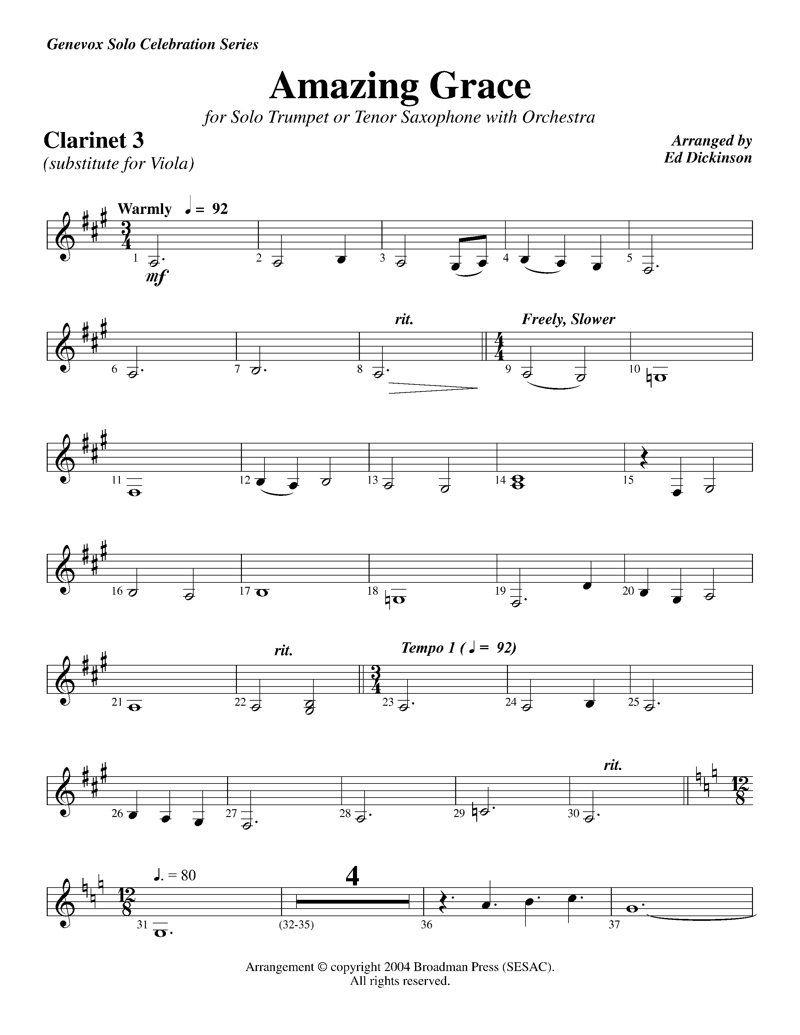 Amazing Grace (with Solo Trumpet) (Instrumental) Clarinet 3 (Lifeway Worship / Arr. Ed Dickinson)