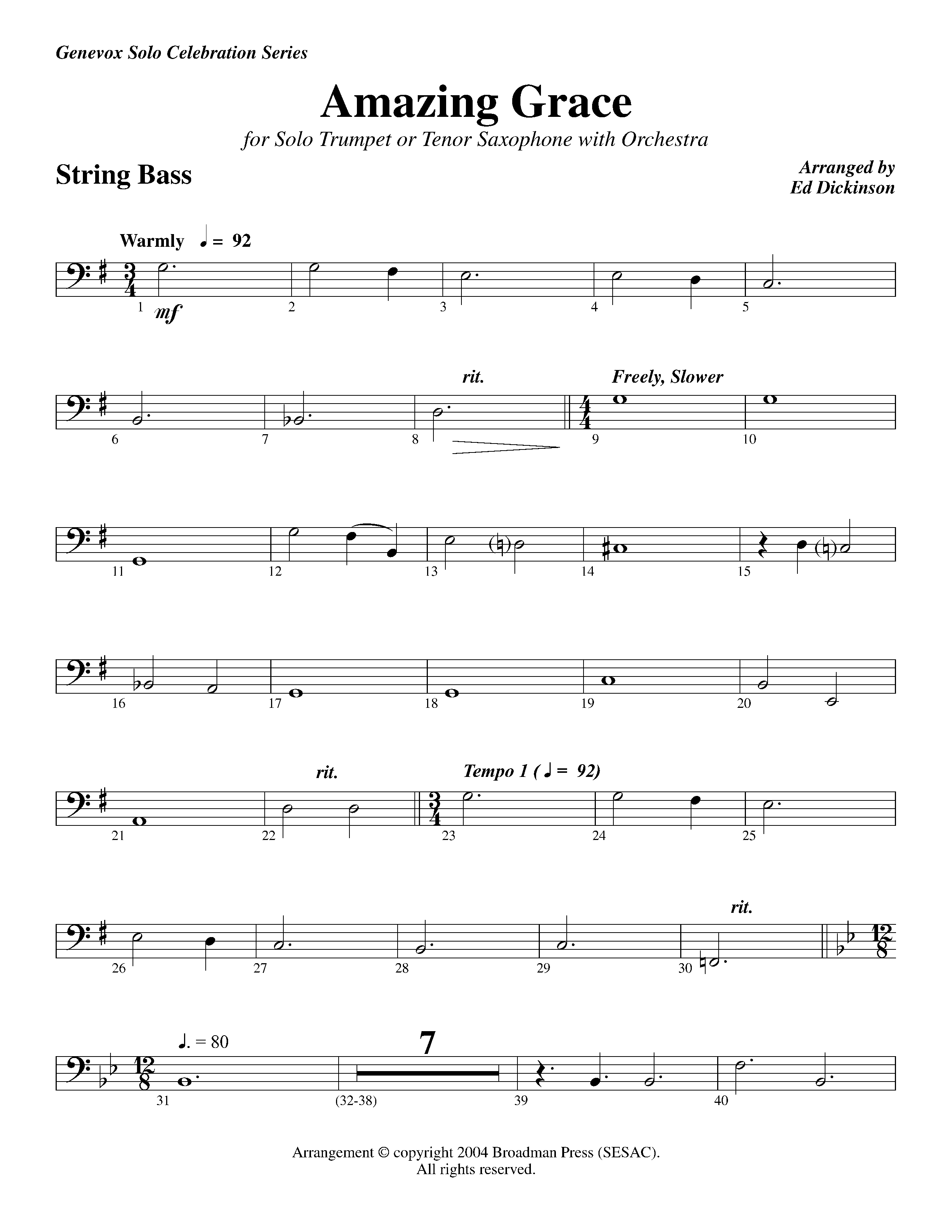 Amazing Grace (with Solo Trumpet) (Instrumental) Double Bass (Lifeway Worship / Arr. Ed Dickinson)
