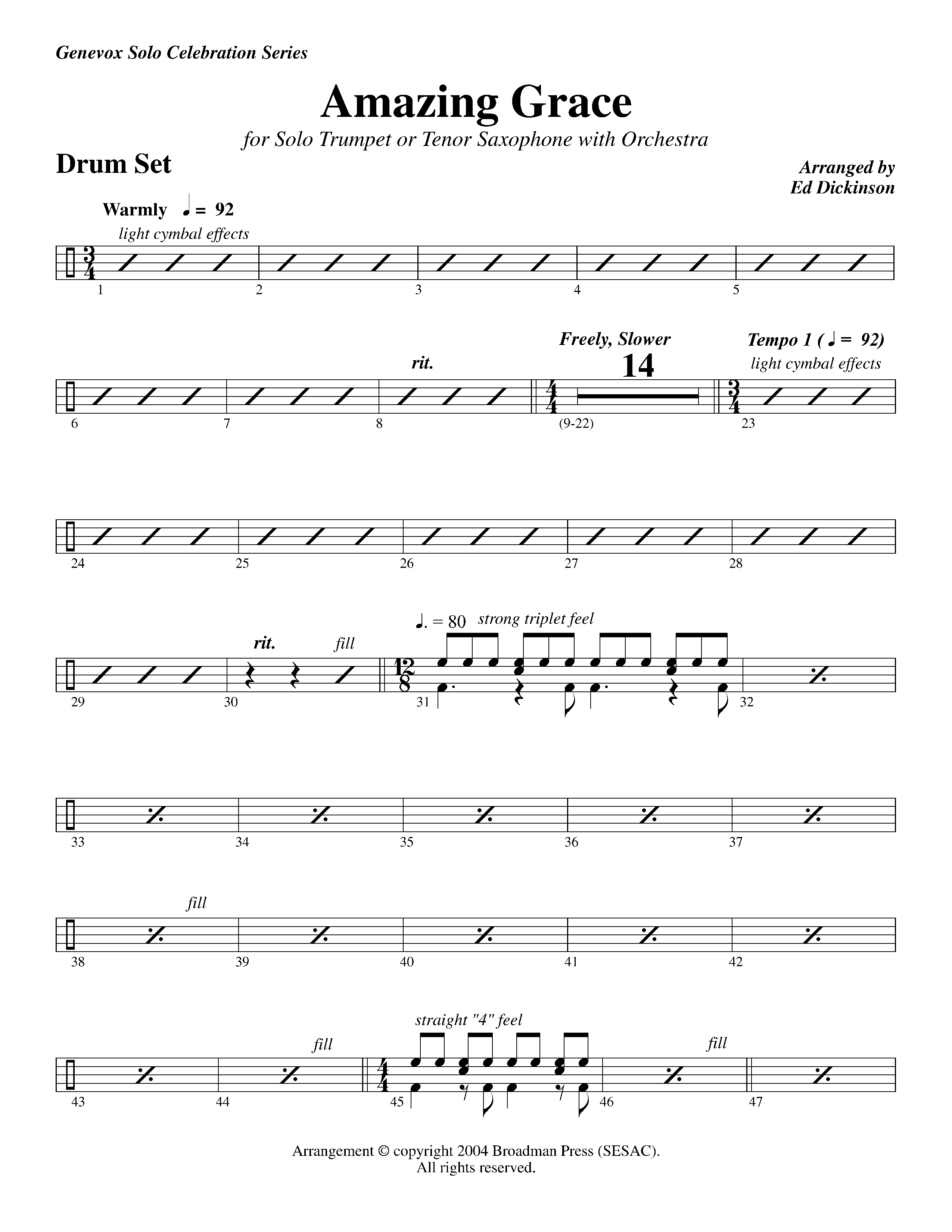 Amazing Grace (with Solo Trumpet) (Instrumental) Drum Set (Lifeway Worship / Arr. Ed Dickinson)