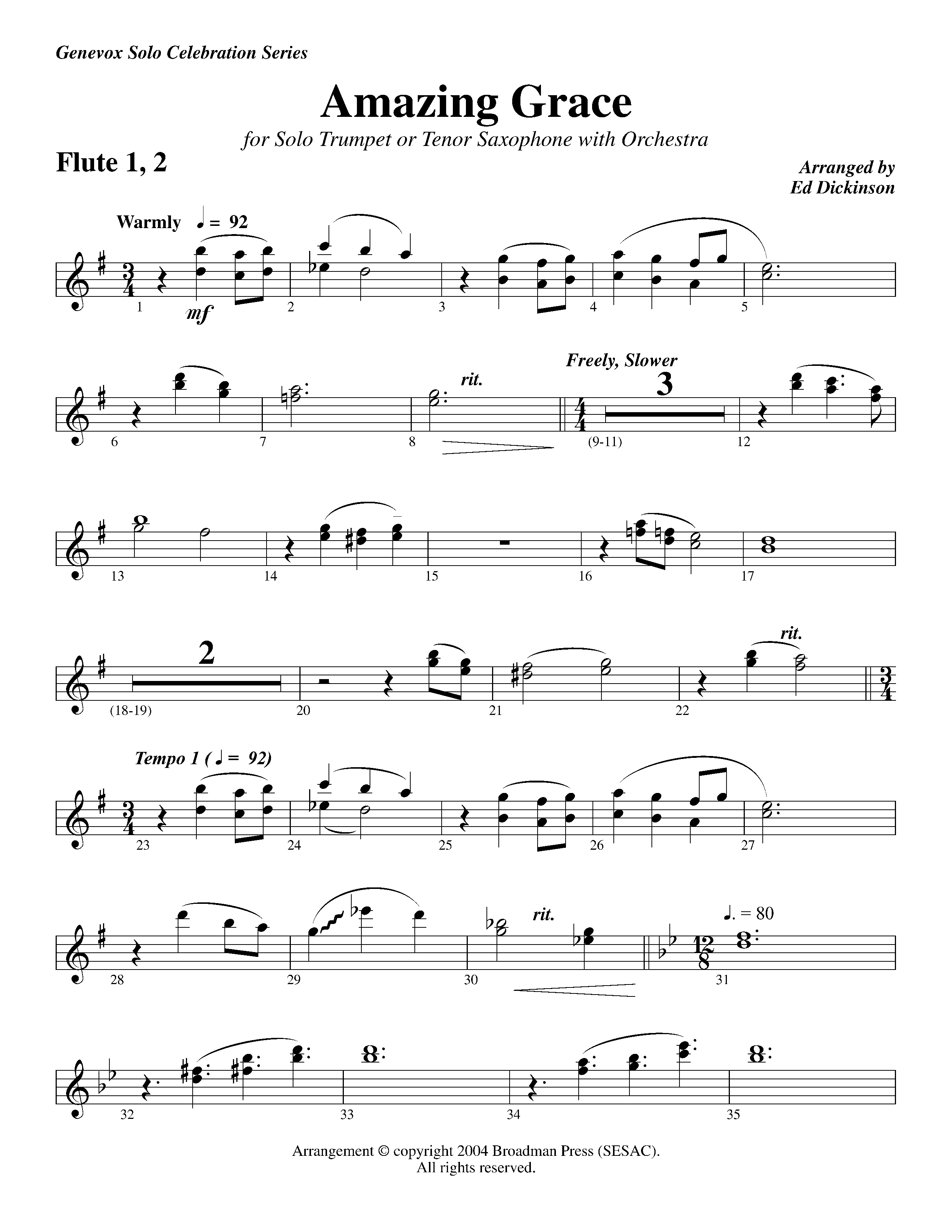 Amazing Grace (with Solo Trumpet) (Instrumental) Flute 1/2 (Lifeway Worship / Arr. Ed Dickinson)