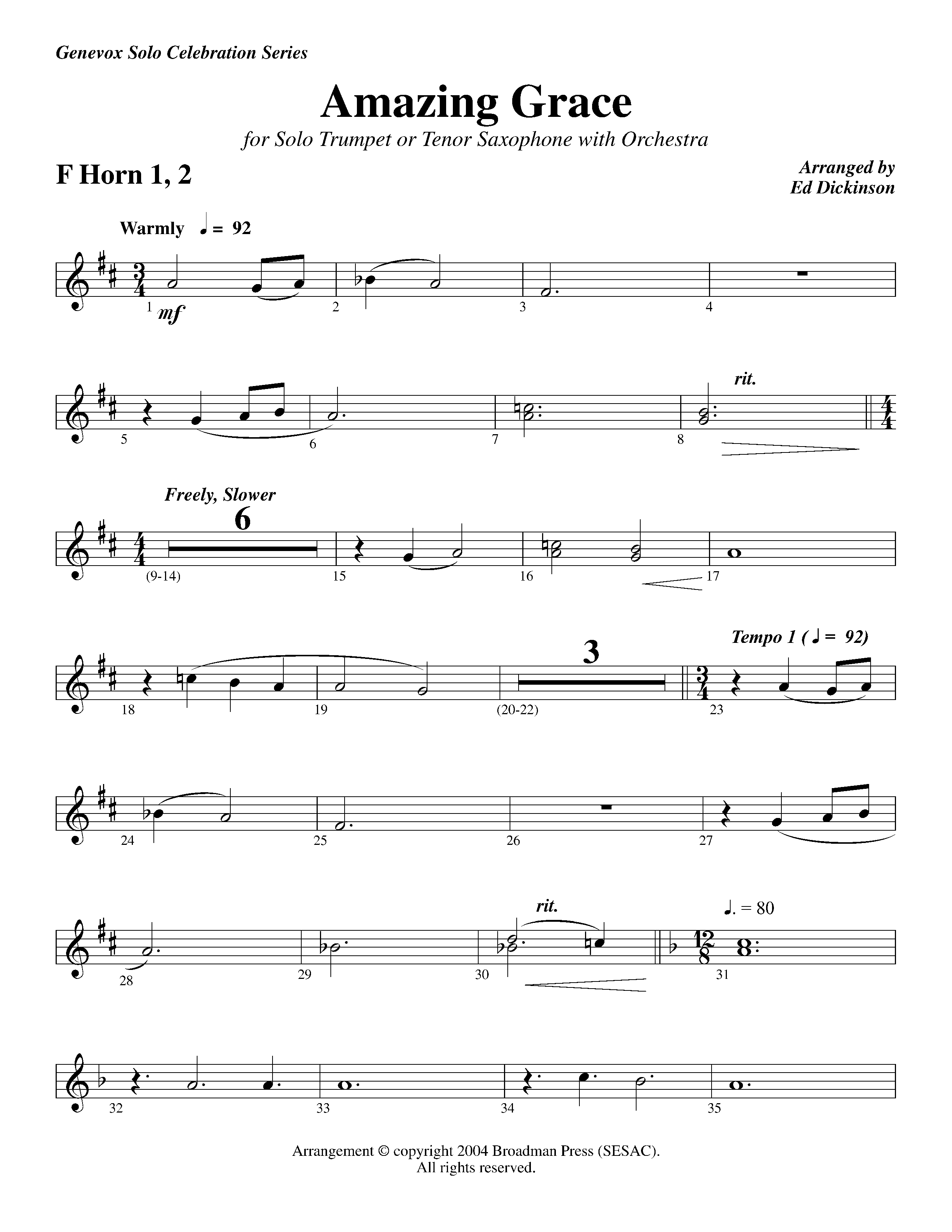 Amazing Grace (with Solo Trumpet) (Instrumental) French Horn 1/2 (Lifeway Worship / Arr. Ed Dickinson)