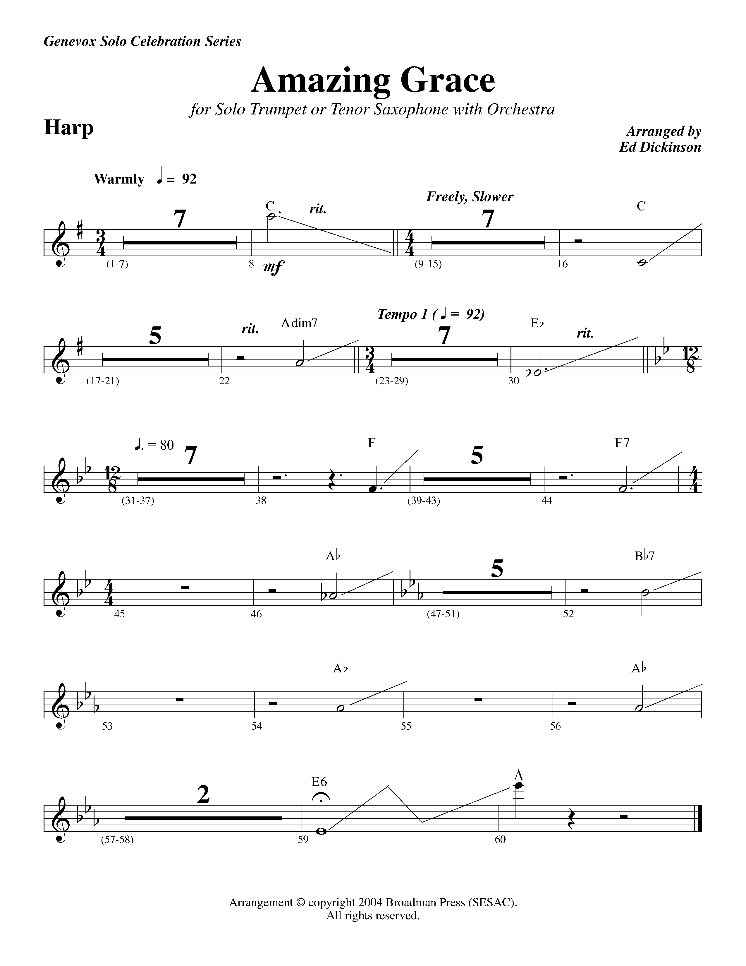 Amazing Grace (with Solo Trumpet) (Instrumental) Harp (Lifeway Worship / Arr. Ed Dickinson)