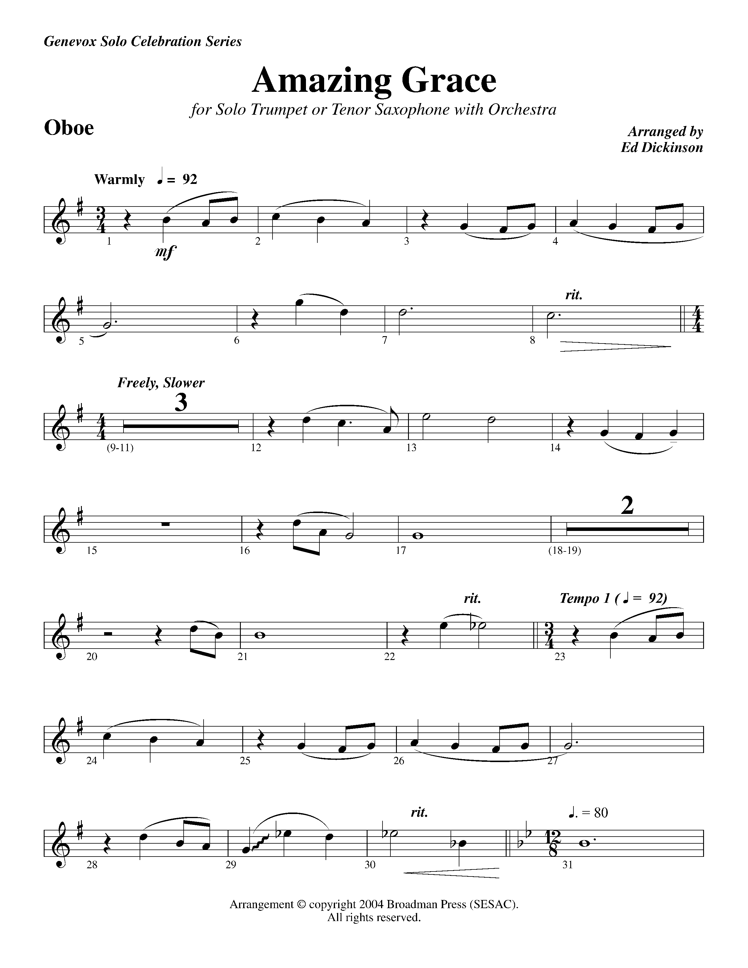 Amazing Grace (with Solo Trumpet) (Instrumental) Oboe (Lifeway Worship / Arr. Ed Dickinson)