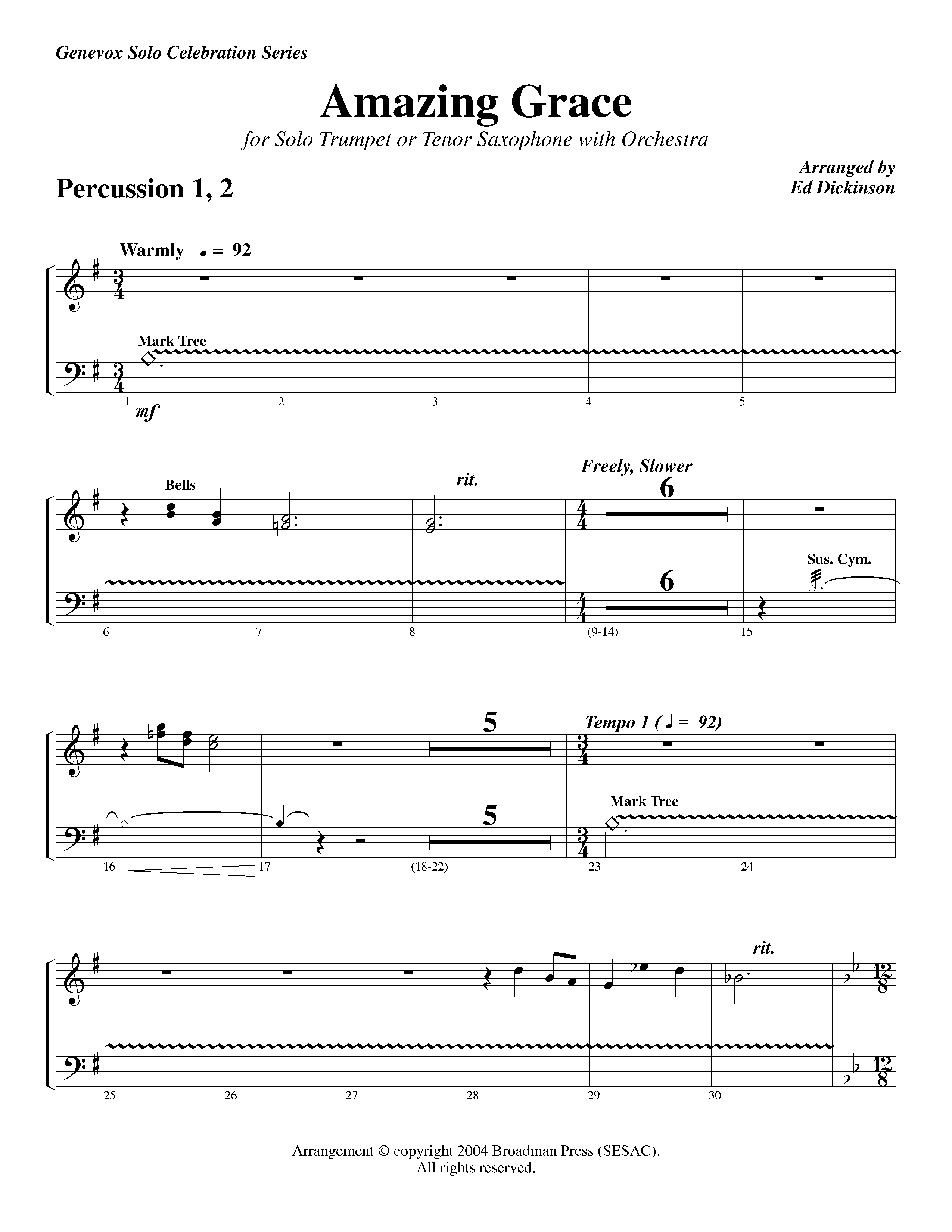 Amazing Grace (with Solo Trumpet) (Instrumental) Percussion 1/2 (Lifeway Worship / Arr. Ed Dickinson)