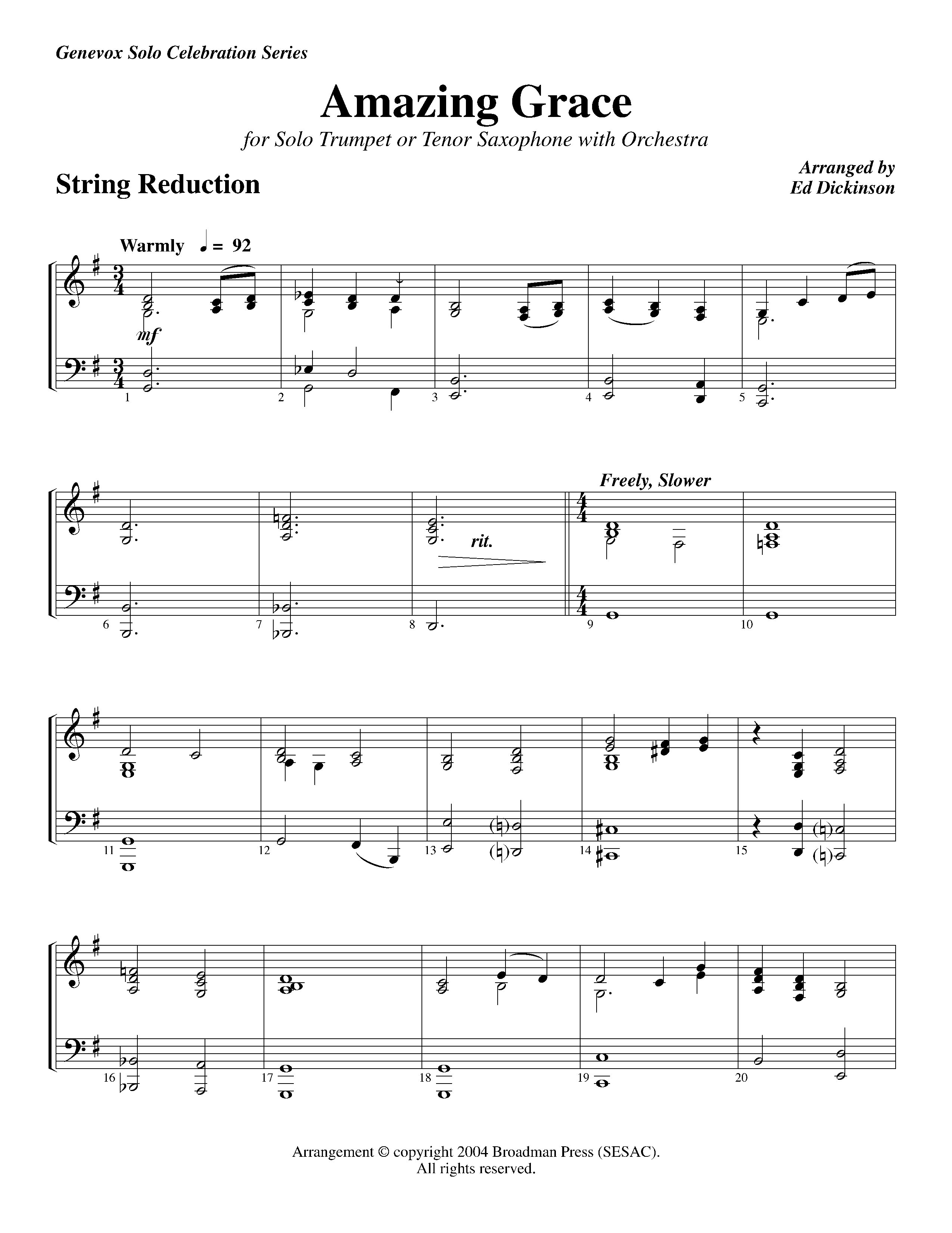 Amazing Grace (with Solo Trumpet) (Instrumental) String Reduction (Lifeway Worship / Arr. Ed Dickinson)