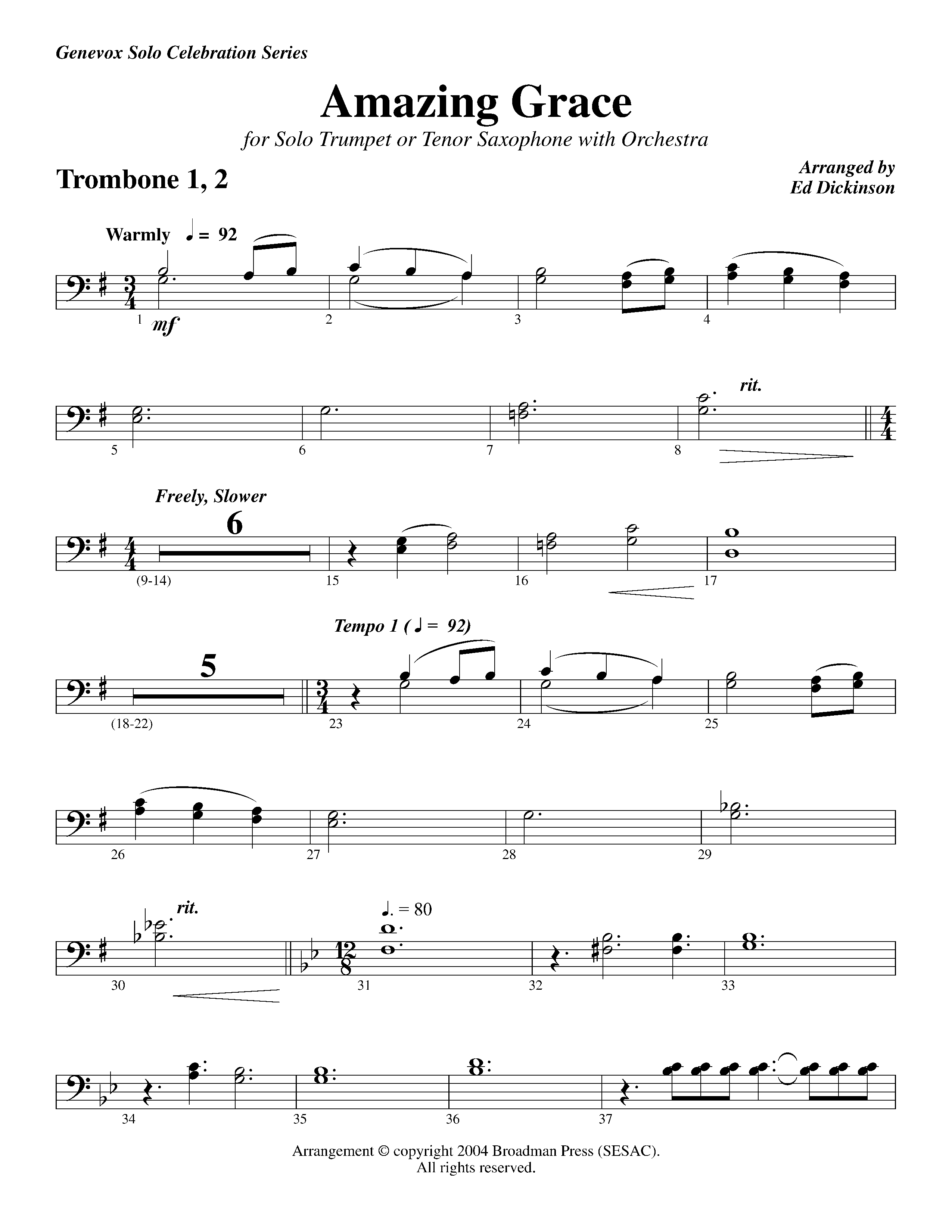 Amazing Grace (with Solo Trumpet) (Instrumental) Trombone 1/2 (Lifeway Worship / Arr. Ed Dickinson)