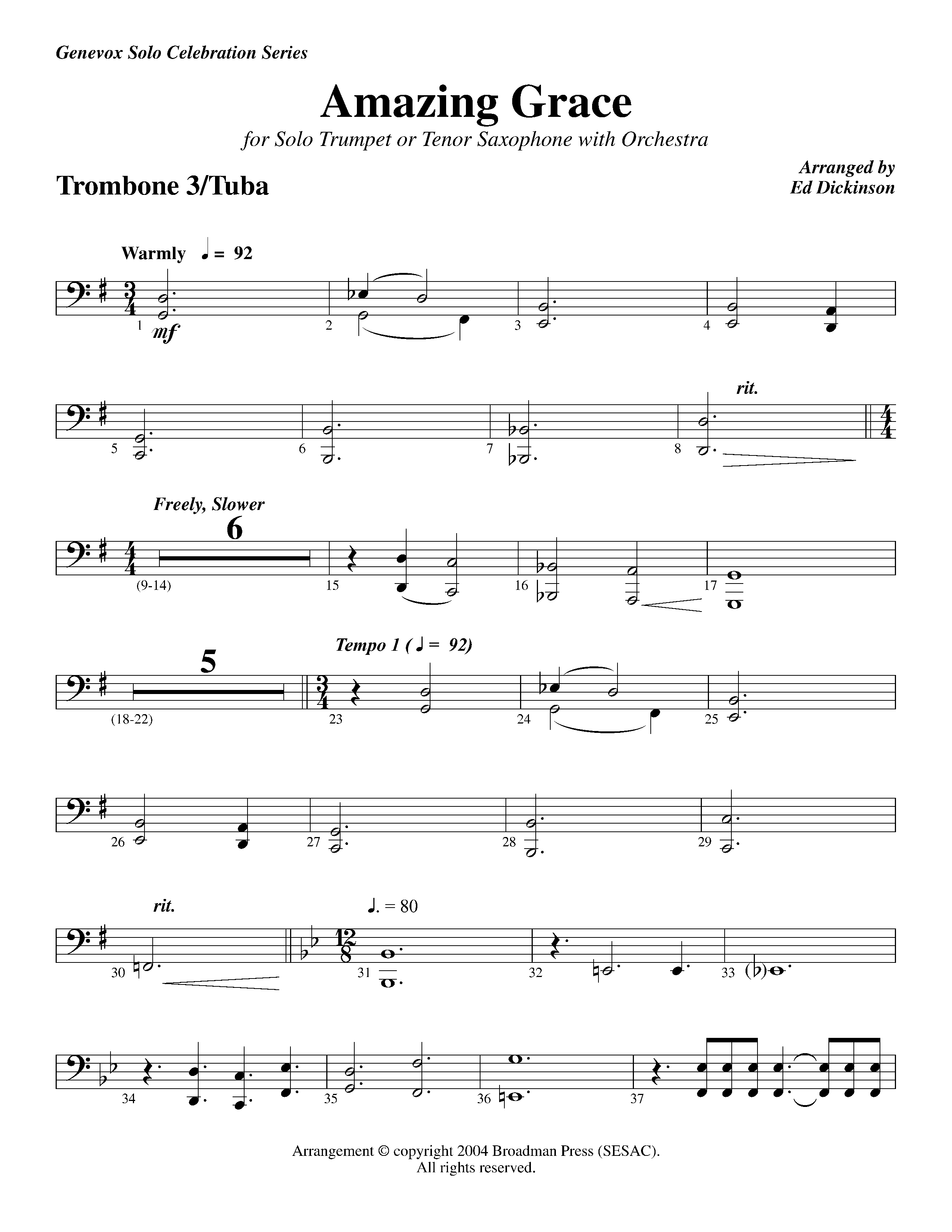 Amazing Grace (with Solo Trumpet) (Instrumental) Trombone 3/Tuba (Lifeway Worship / Arr. Ed Dickinson)