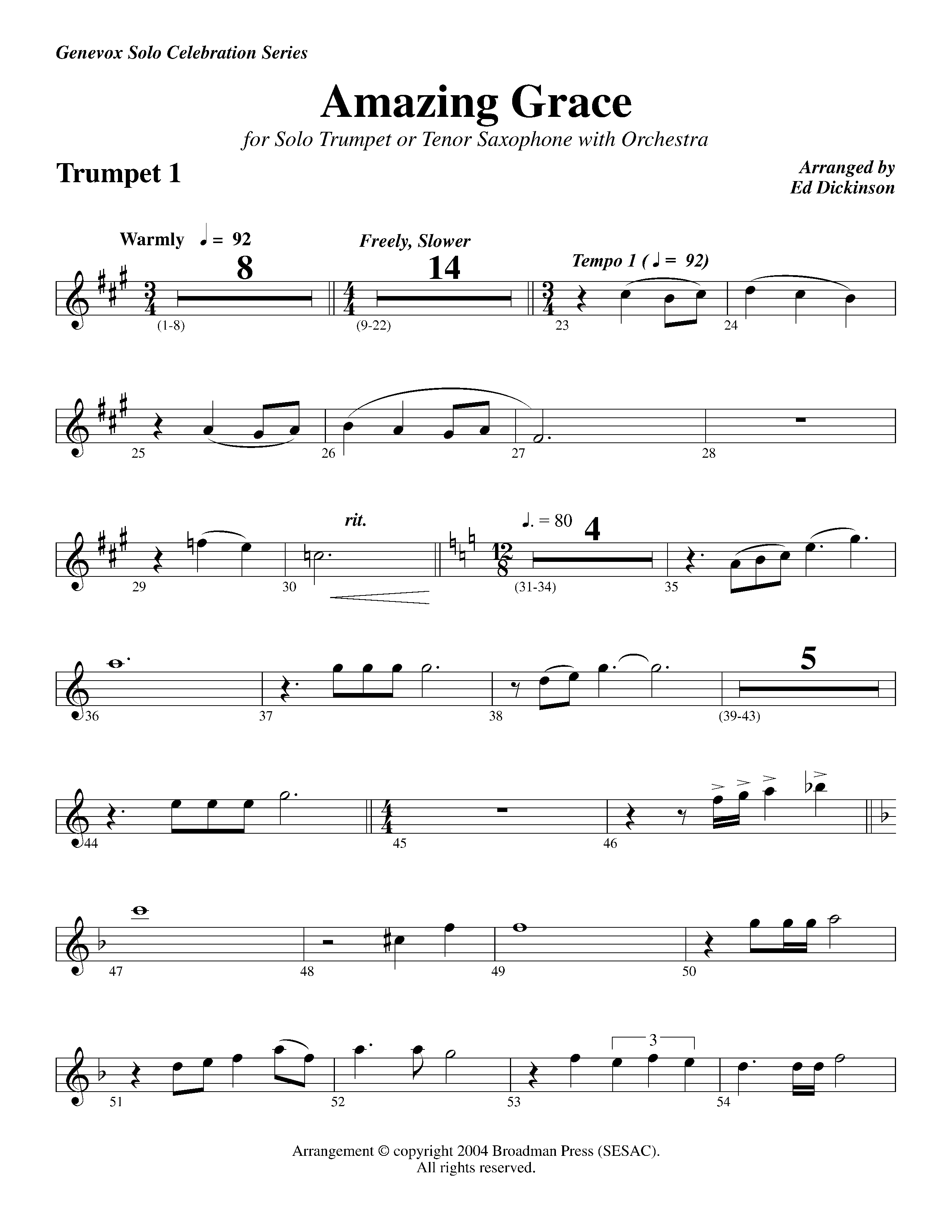 Amazing Grace (with Solo Trumpet) (Instrumental) Trumpet 1 (Lifeway Worship / Arr. Ed Dickinson)