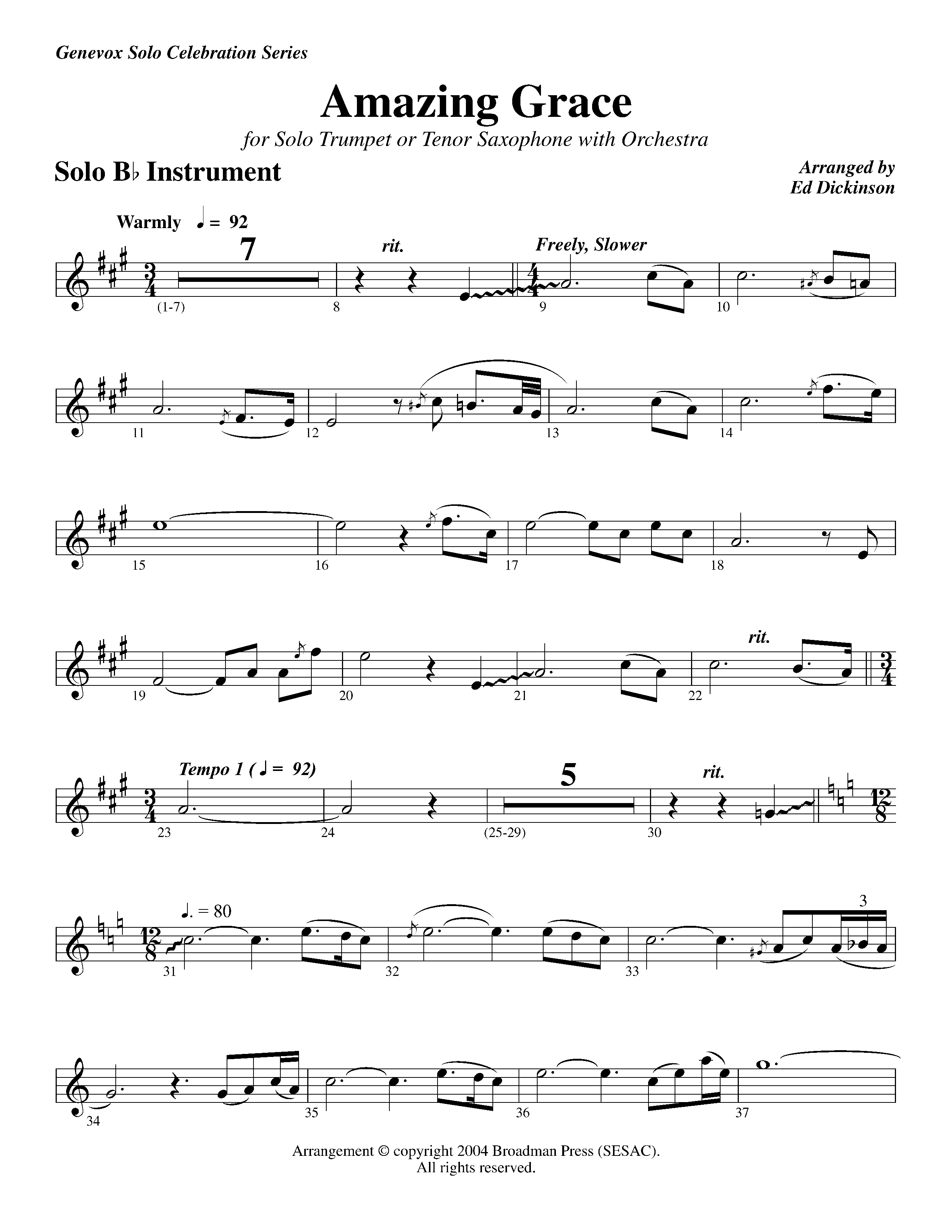 Amazing Grace (with Solo Trumpet) (Instrumental) Trumpet (Lifeway Worship / Arr. Ed Dickinson)