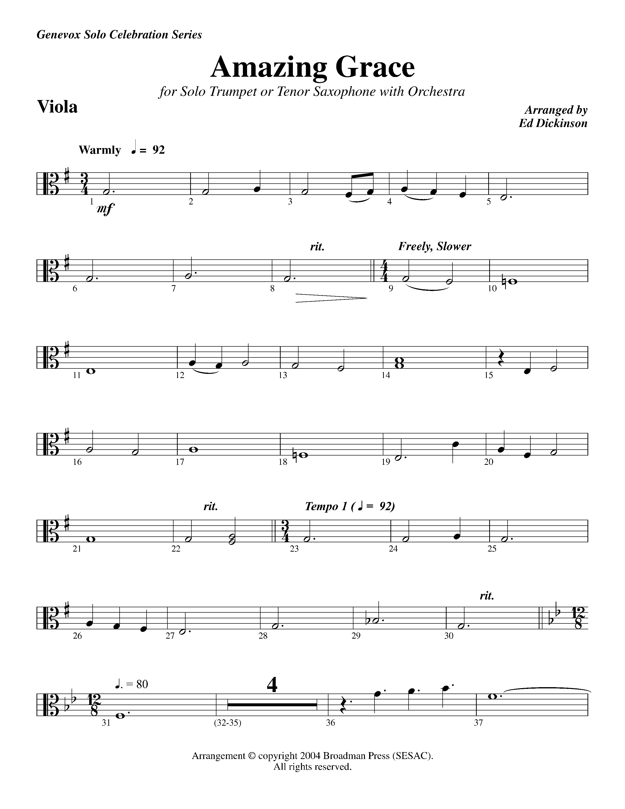 Amazing Grace (with Solo Trumpet) (Instrumental) Viola (Lifeway Worship / Arr. Ed Dickinson)