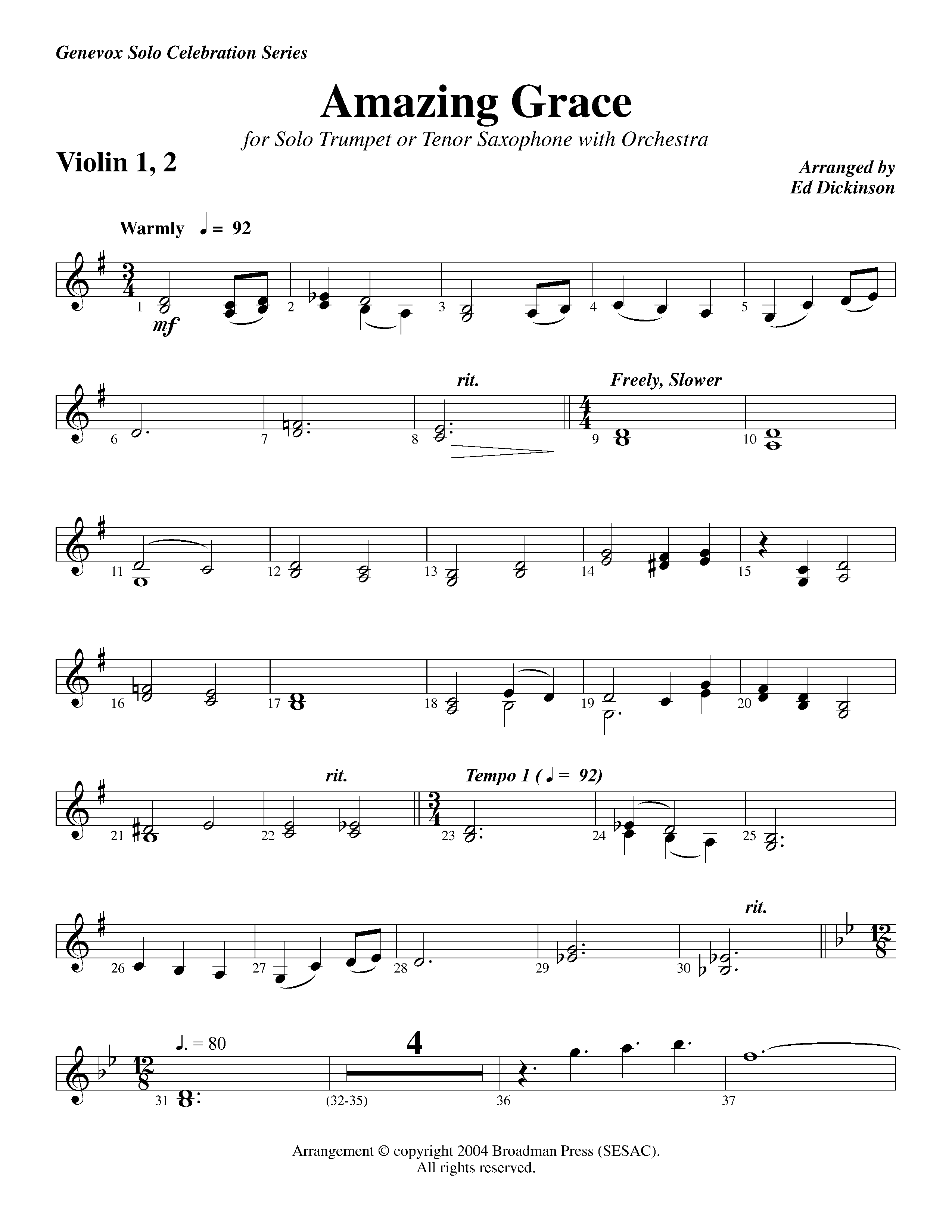 Amazing Grace (with Solo Trumpet) (Instrumental) Violin 1/2 (Lifeway Worship / Arr. Ed Dickinson)