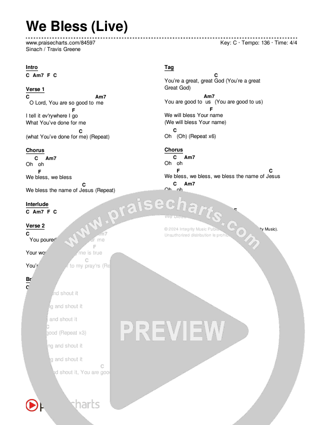 We Bless (Live) Chord Chart (Sinach / Travis Greene)