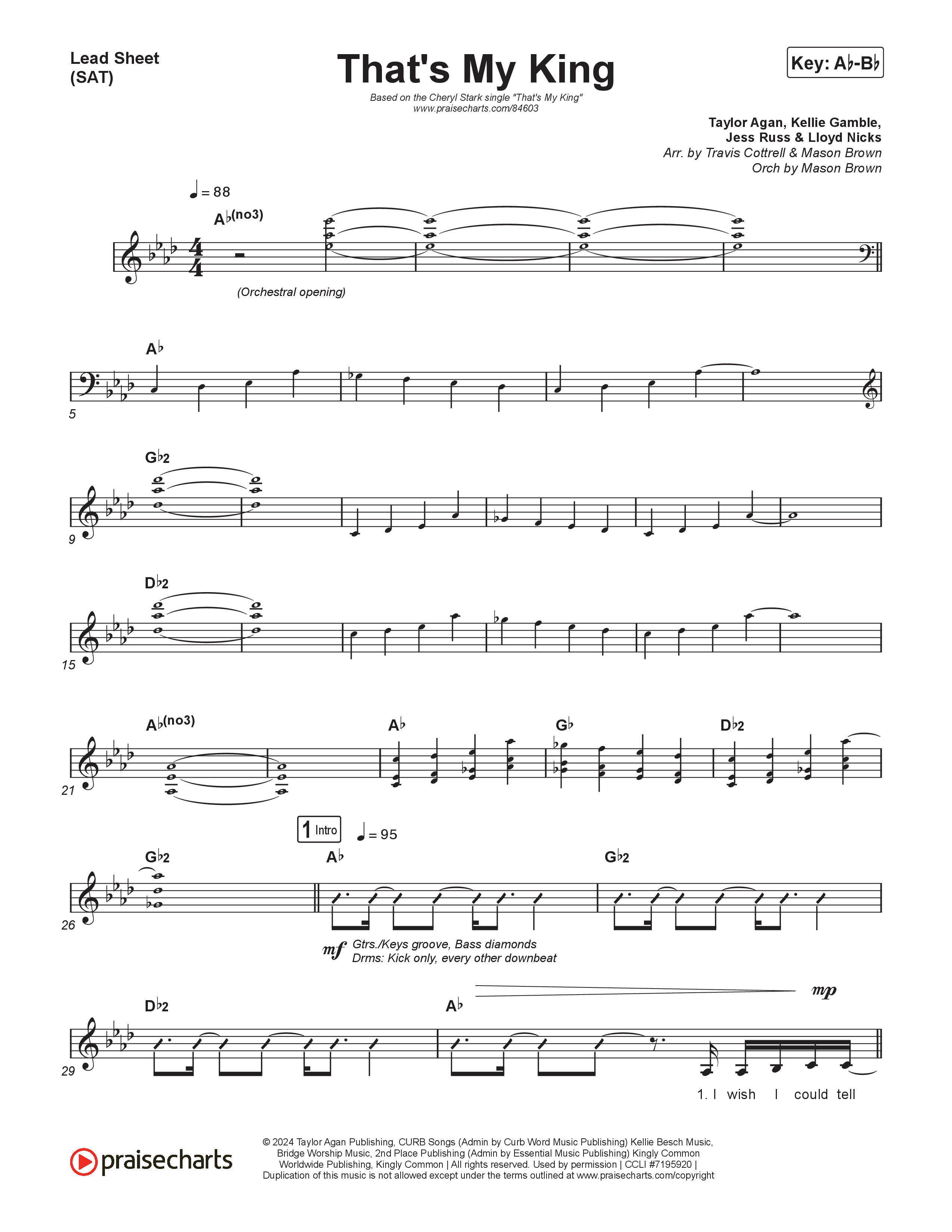 That's My King (Choral/SATB) Lead Sheet (SAT) (Cheryl Stark / Arr. Travis Cottrell / Orch. Mason Brown)