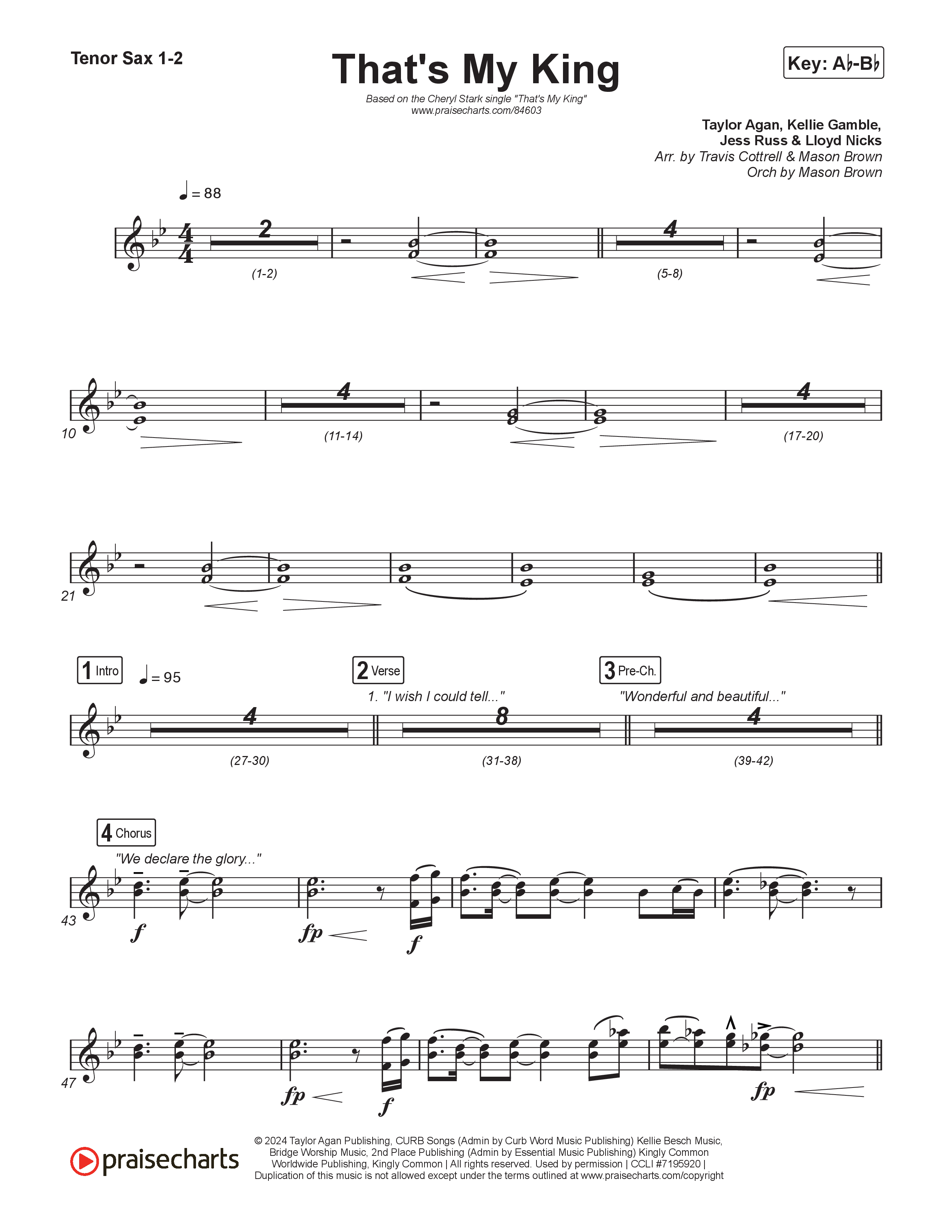 That's My King (Choral/SATB) Tenor Sax 1,2 (Cheryl Stark / Arr. Travis Cottrell / Orch. Mason Brown)