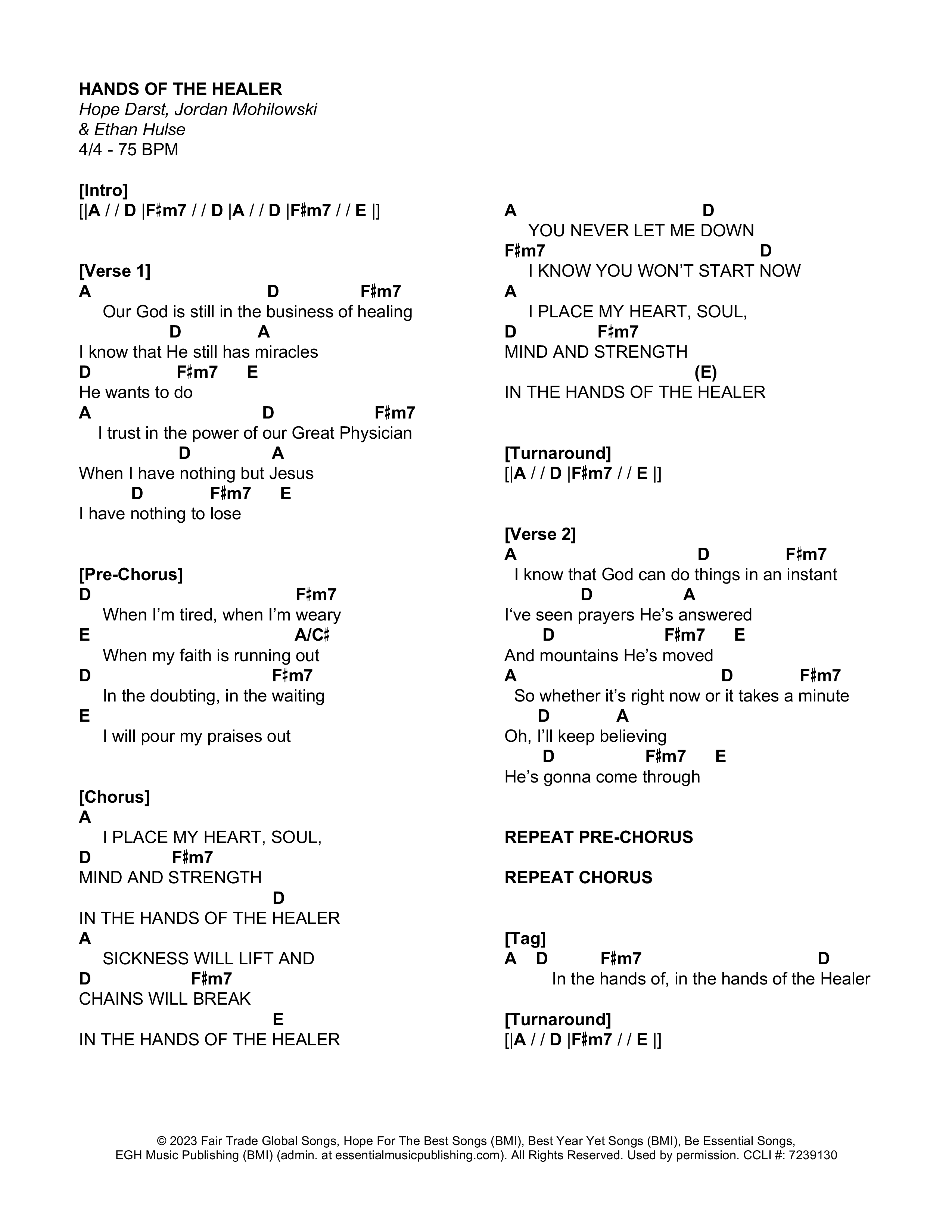 Hands Of The Healer (Live) Chord Chart (Hope Darst)