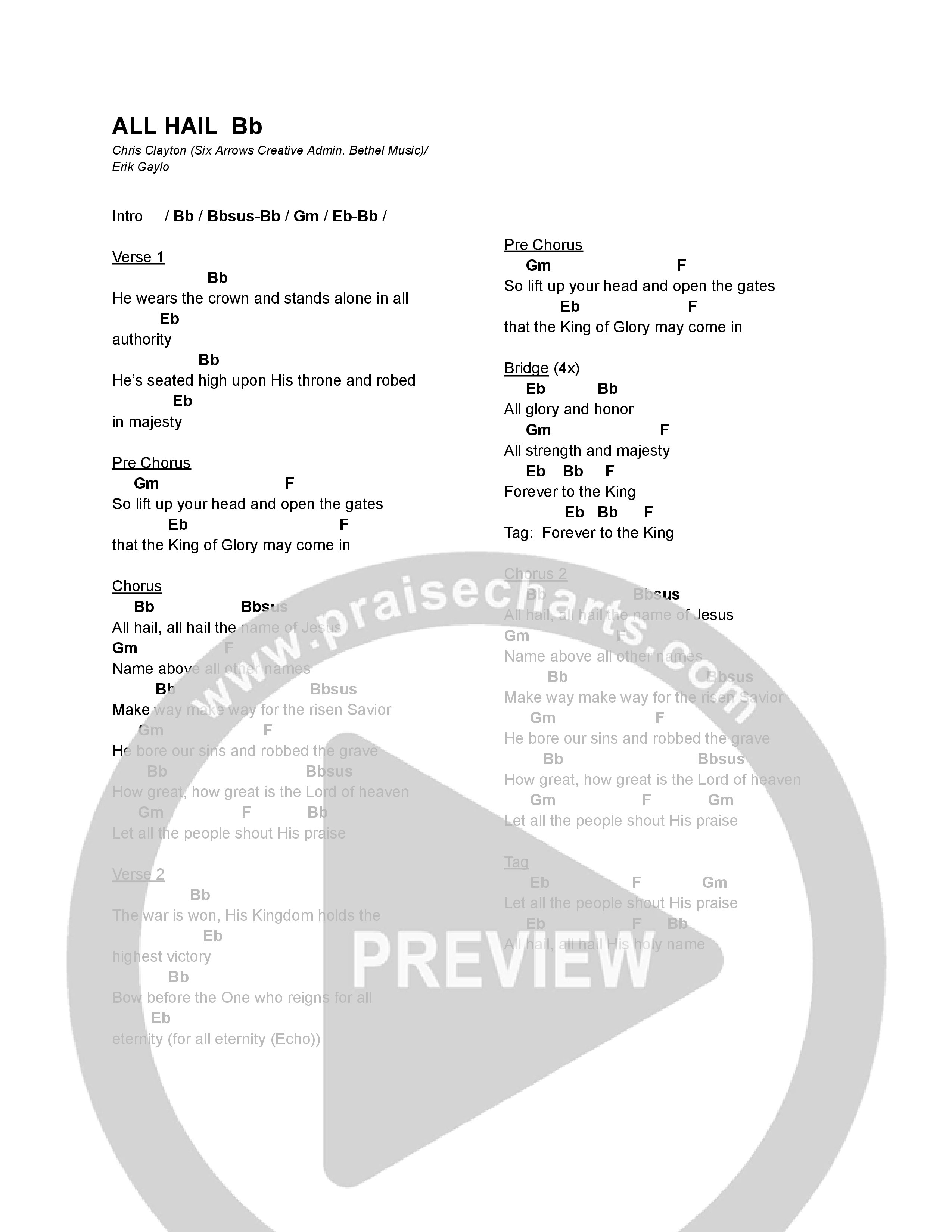 All Hail (Shout His Praise) Chord Chart (Table Songs)