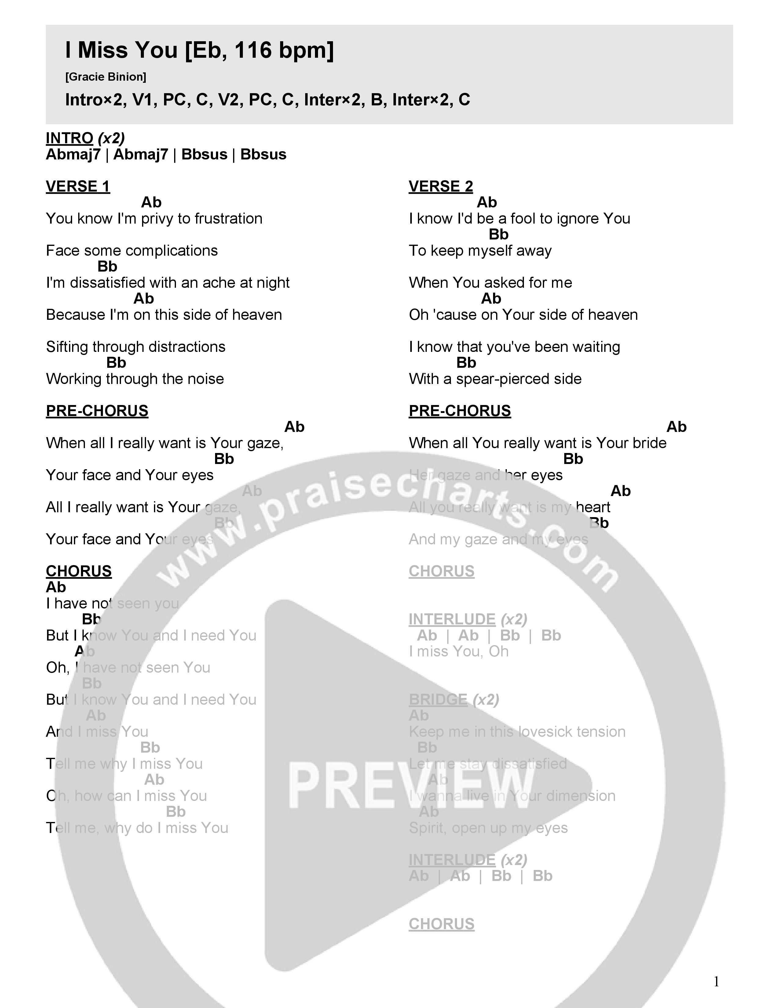 I Miss You Chord Chart (Grace Binion)