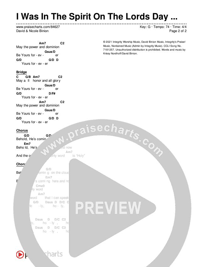 I Was In The Spirit On The Lords Day (Live) Chord Chart (David & Nicole Binion)