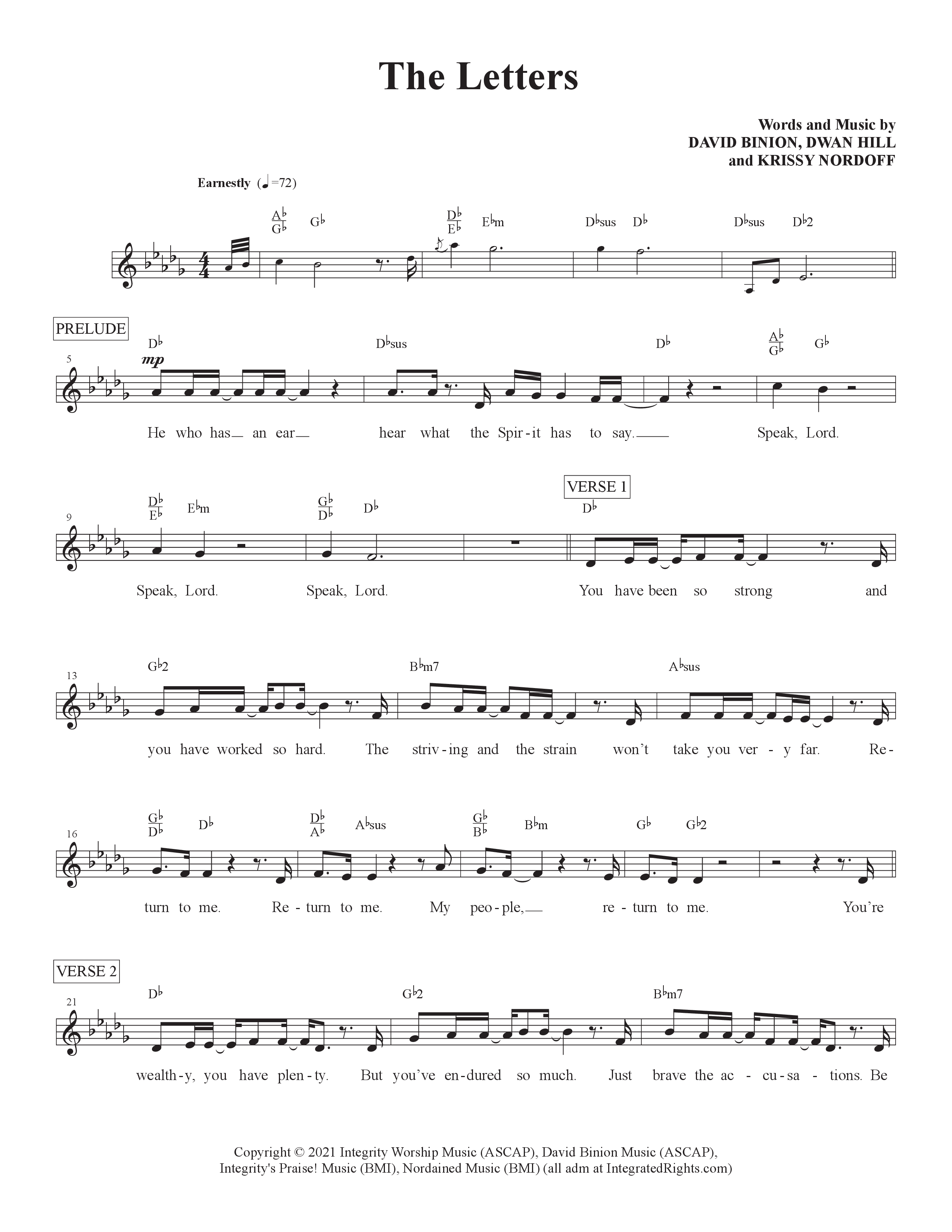 The Letters (Live) Lead Sheet Melody (David & Nicole Binion)