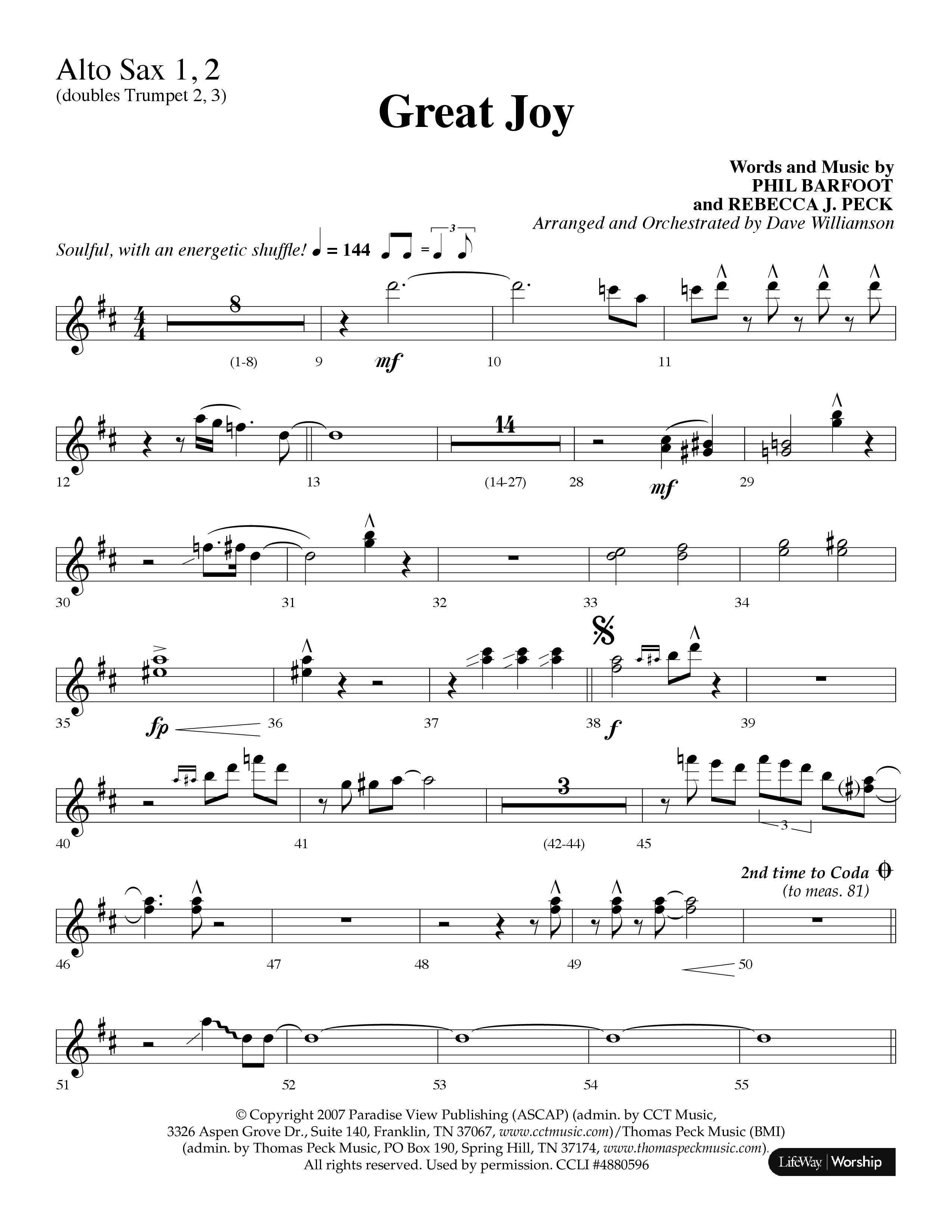 Great Joy (Choral Anthem SATB) Alto Sax 1/2 (Lifeway Choral / Arr. Dave Williamson)
