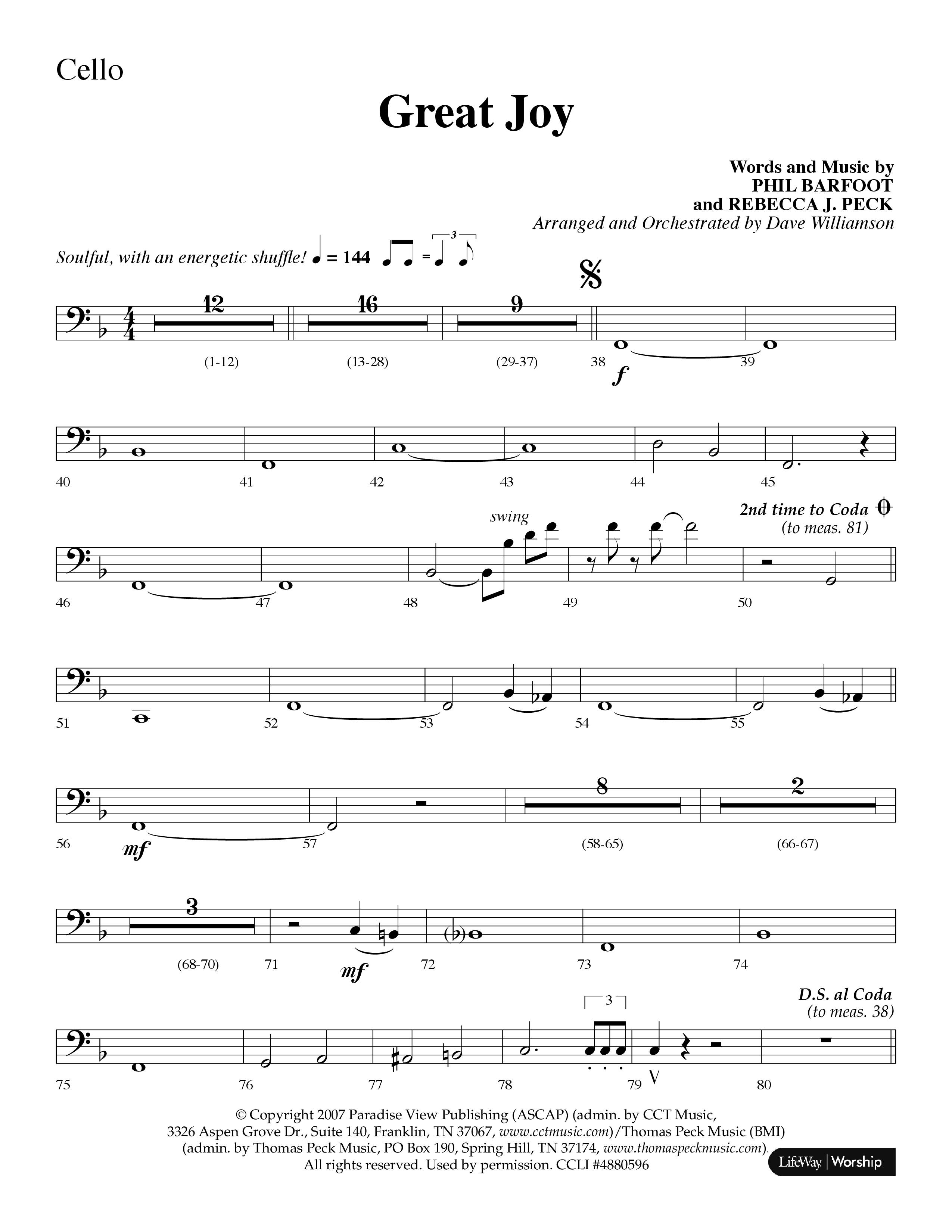 Great Joy (Choral Anthem SATB) Cello (Lifeway Choral / Arr. Dave Williamson)