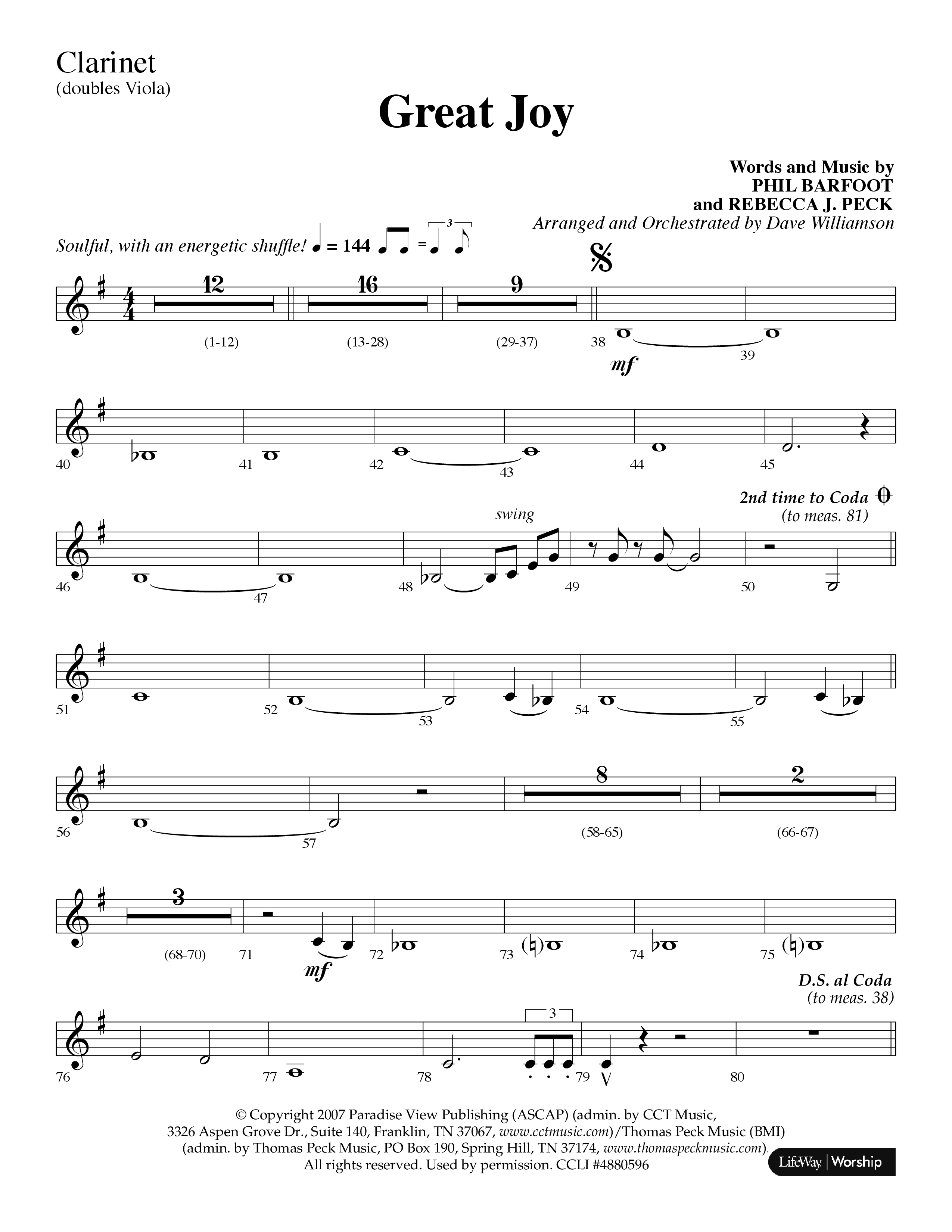 Great Joy (Choral Anthem SATB) Clarinet (Lifeway Choral / Arr. Dave Williamson)
