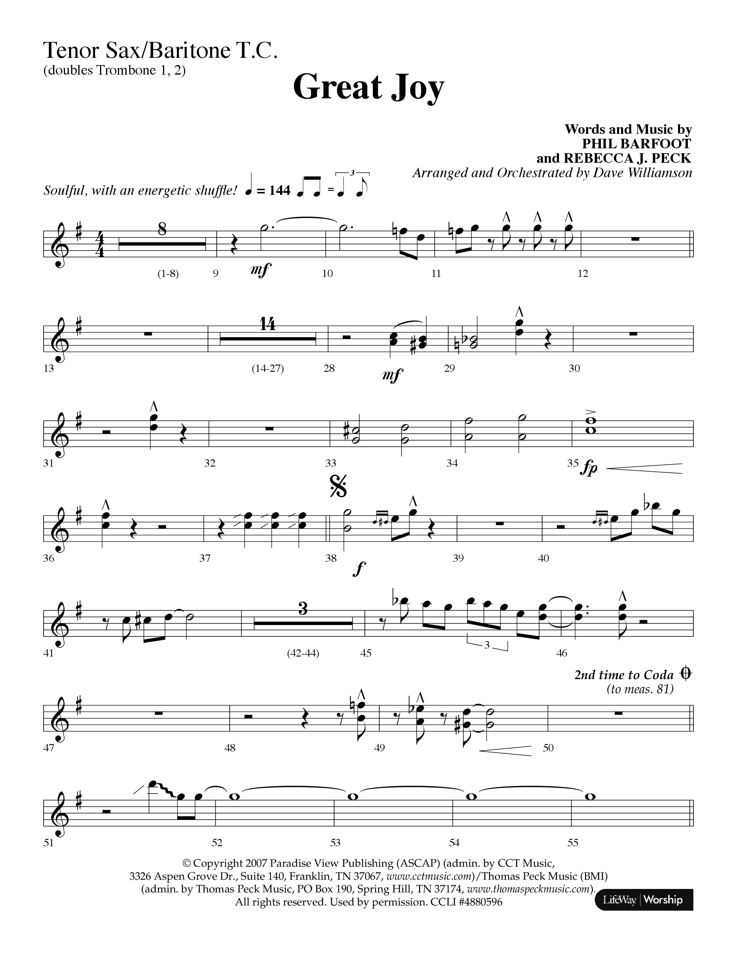Great Joy (Choral Anthem SATB) Tenor Sax/Baritone T.C. (Lifeway Choral / Arr. Dave Williamson)
