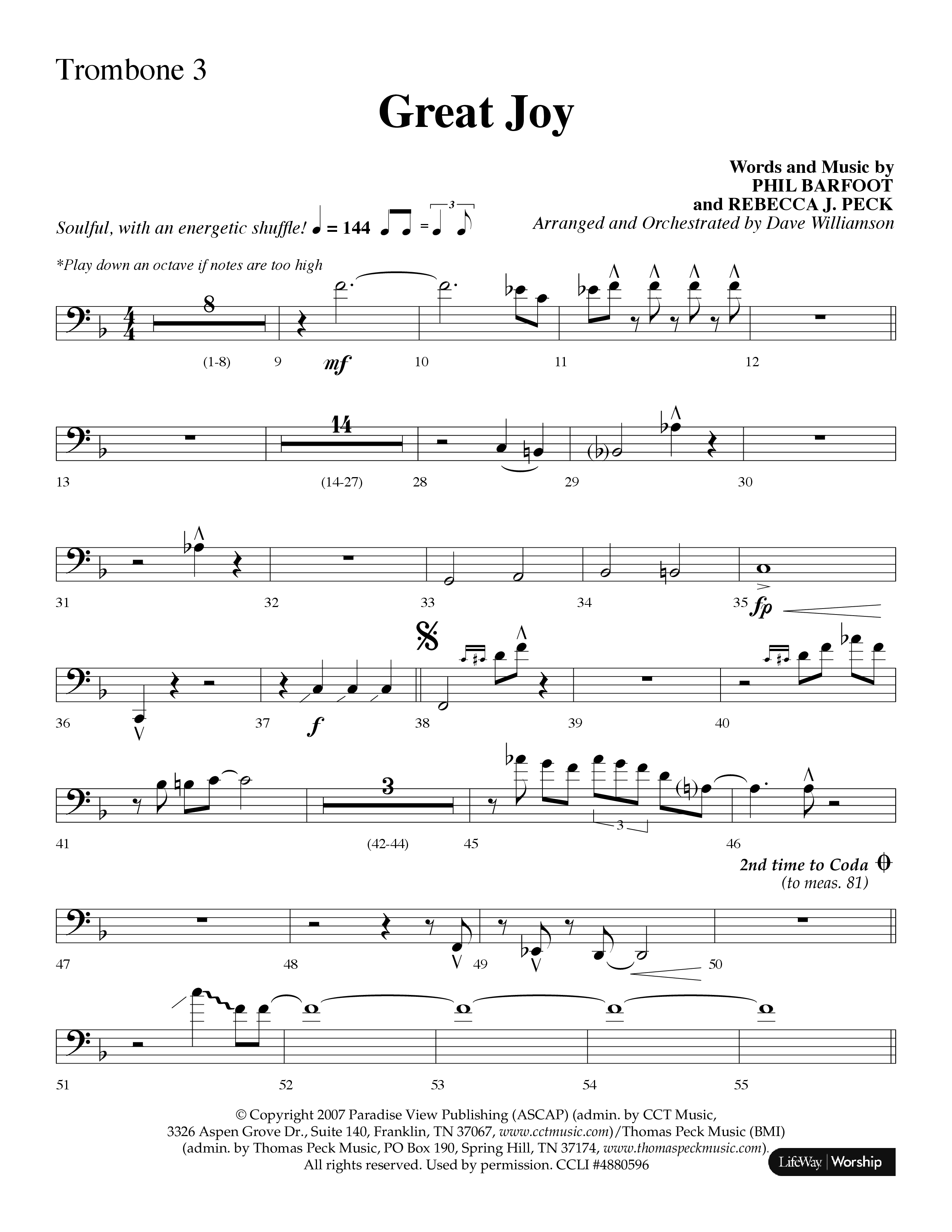 Great Joy (Choral Anthem SATB) Trombone 3 (Lifeway Choral / Arr. Dave Williamson)