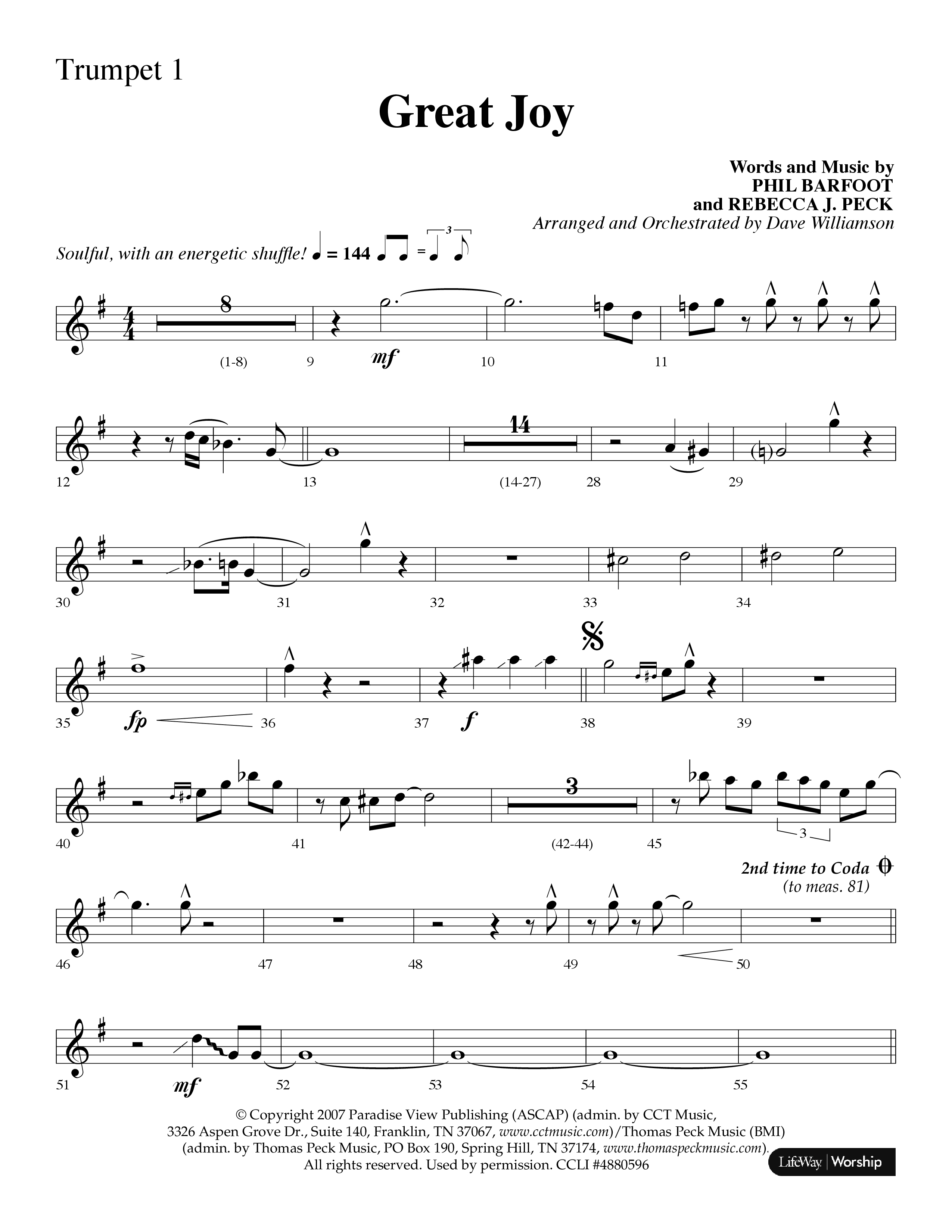 Great Joy (Choral Anthem SATB) Trumpet 1 (Lifeway Choral / Arr. Dave Williamson)