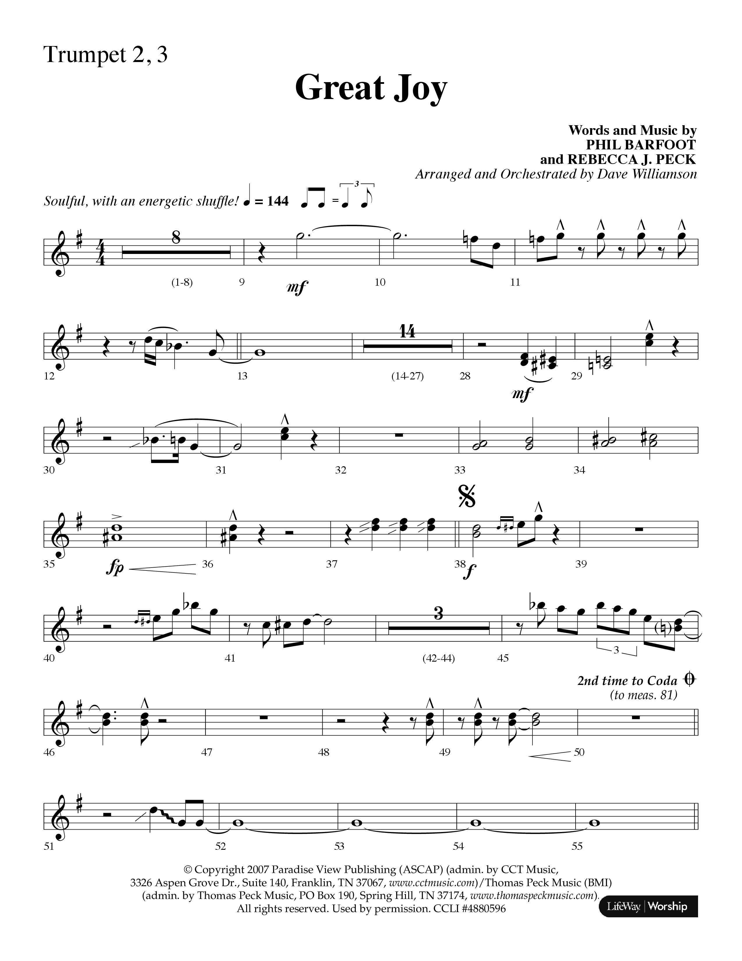 Great Joy (Choral Anthem SATB) Trumpet 2/3 (Lifeway Choral / Arr. Dave Williamson)