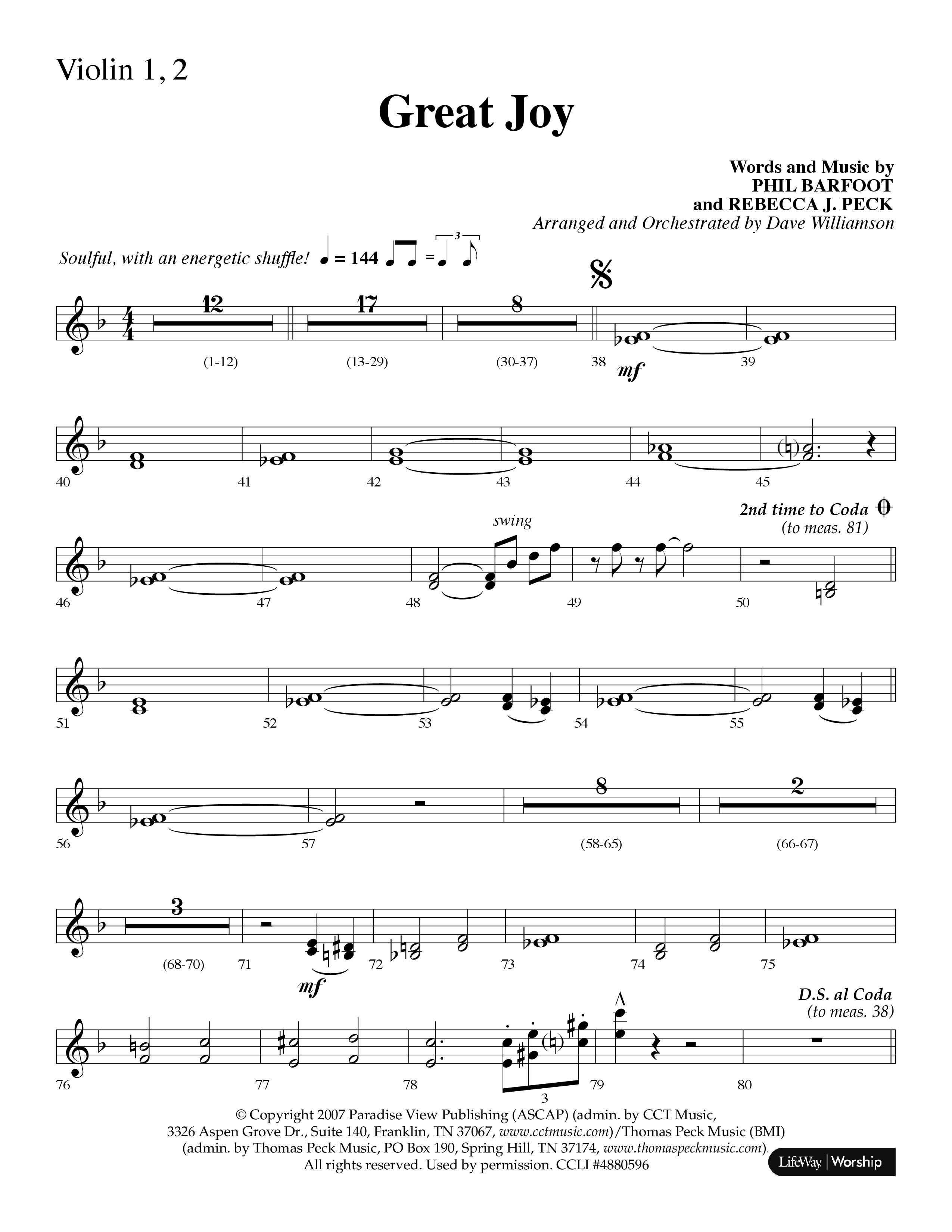 Great Joy (Choral Anthem SATB) Violin 1/2 (Lifeway Choral / Arr. Dave Williamson)