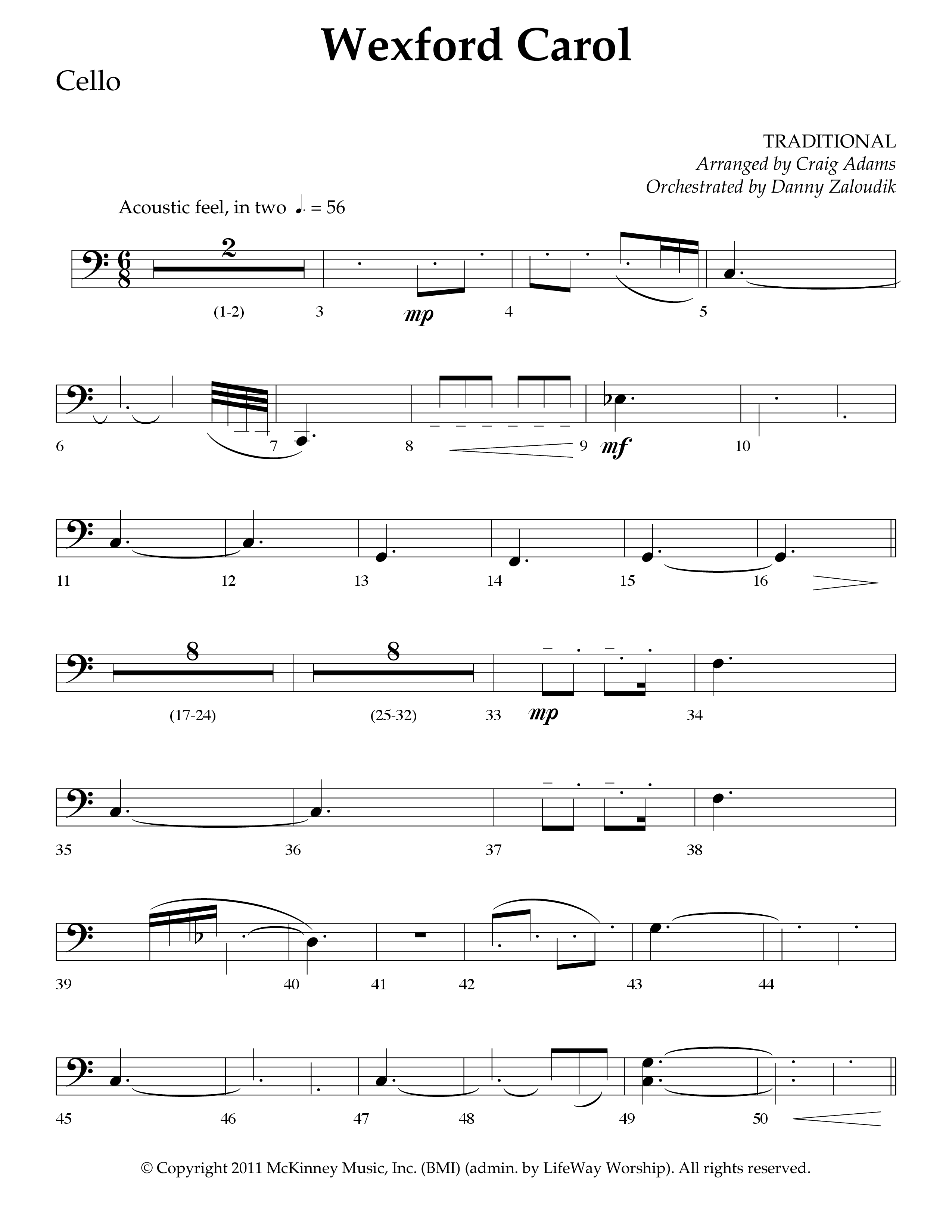 Wexford Carol (Choral Anthem SATB) Cello (Lifeway Choral / Arr. Craig Adams / Orch. Danny Zaloudik)