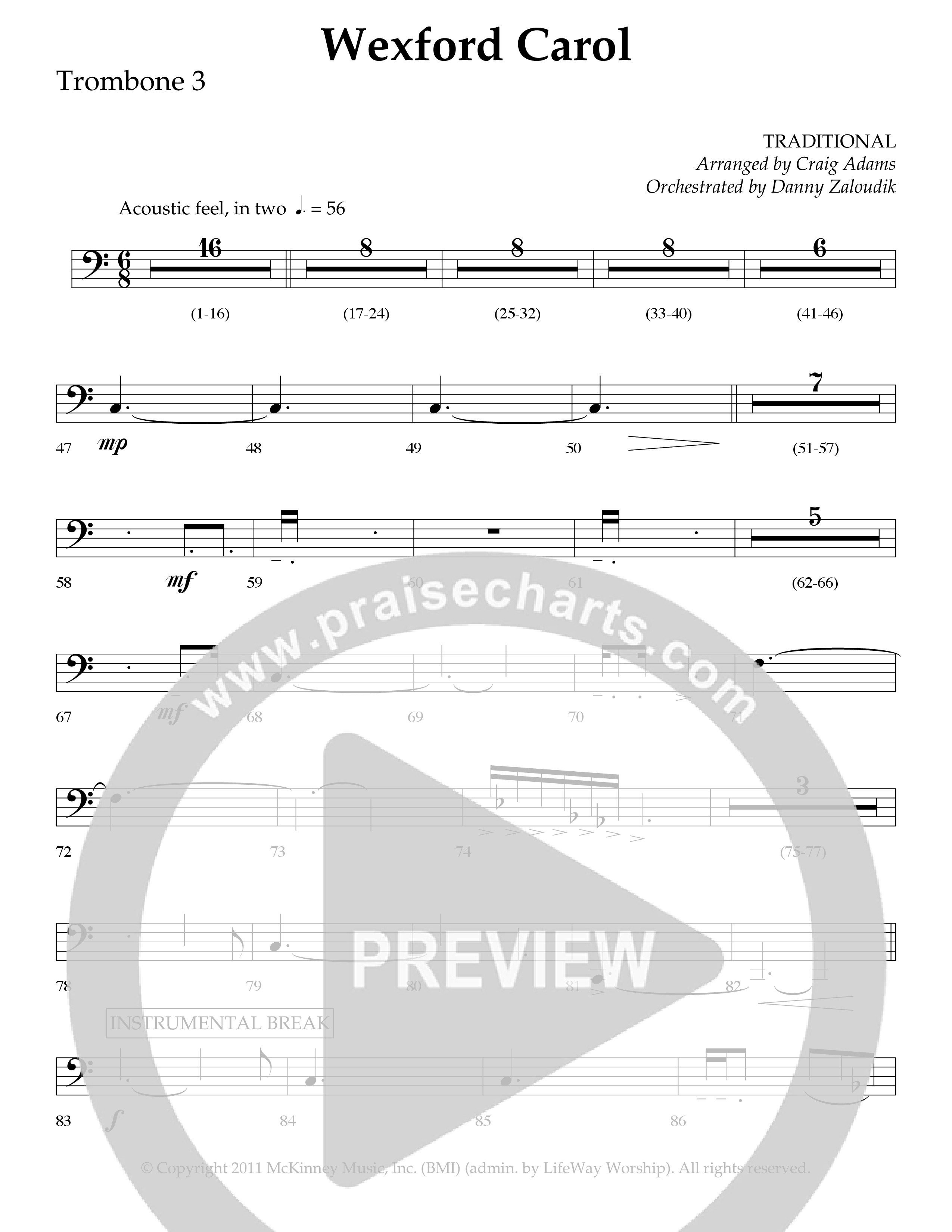 Wexford Carol (Choral Anthem SATB) Trombone 3 (Lifeway Choral / Arr. Craig Adams / Orch. Danny Zaloudik)