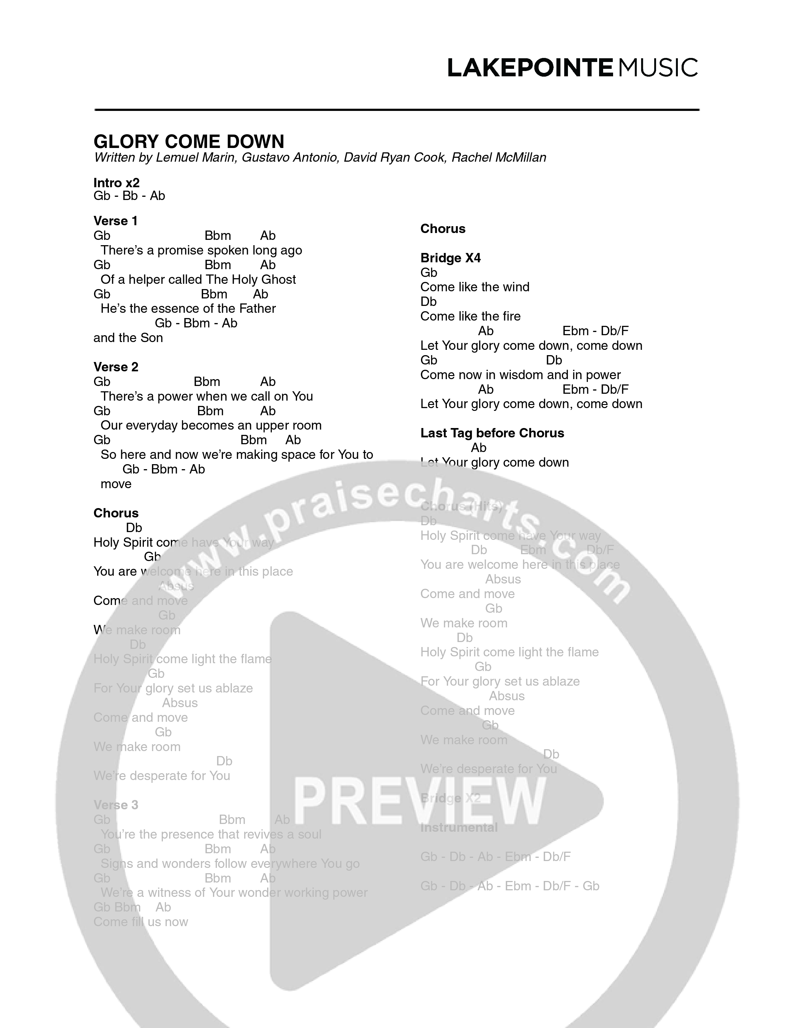 Glory Come Down (Live) Chord Chart (Lakepointe Music)