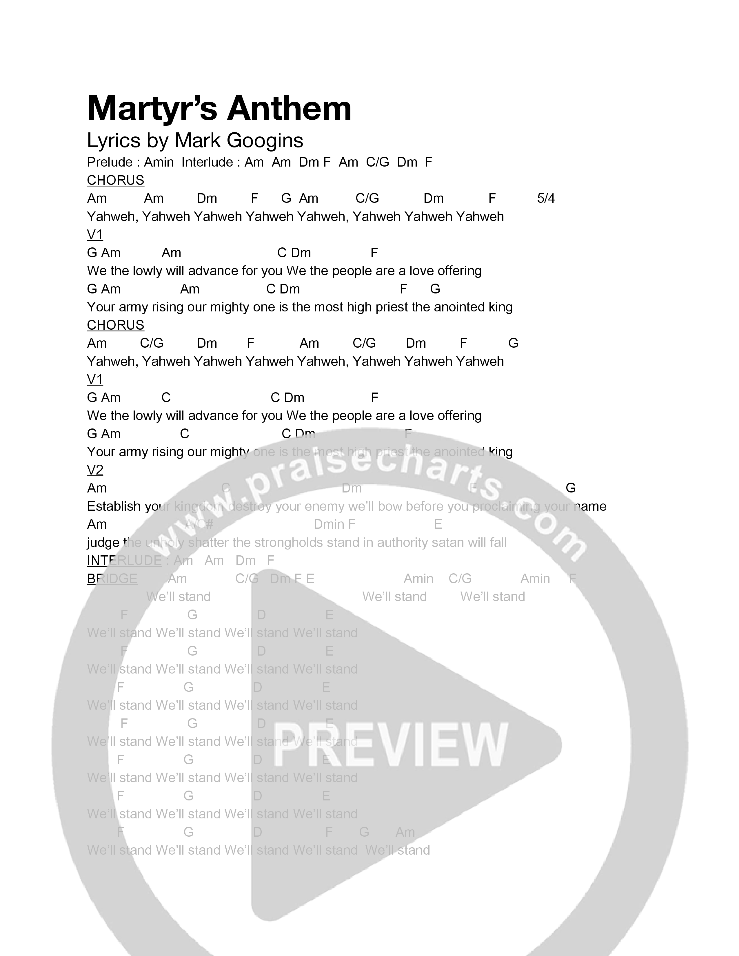 Martyr's Anthem Chord Chart (Maranatha Collective)