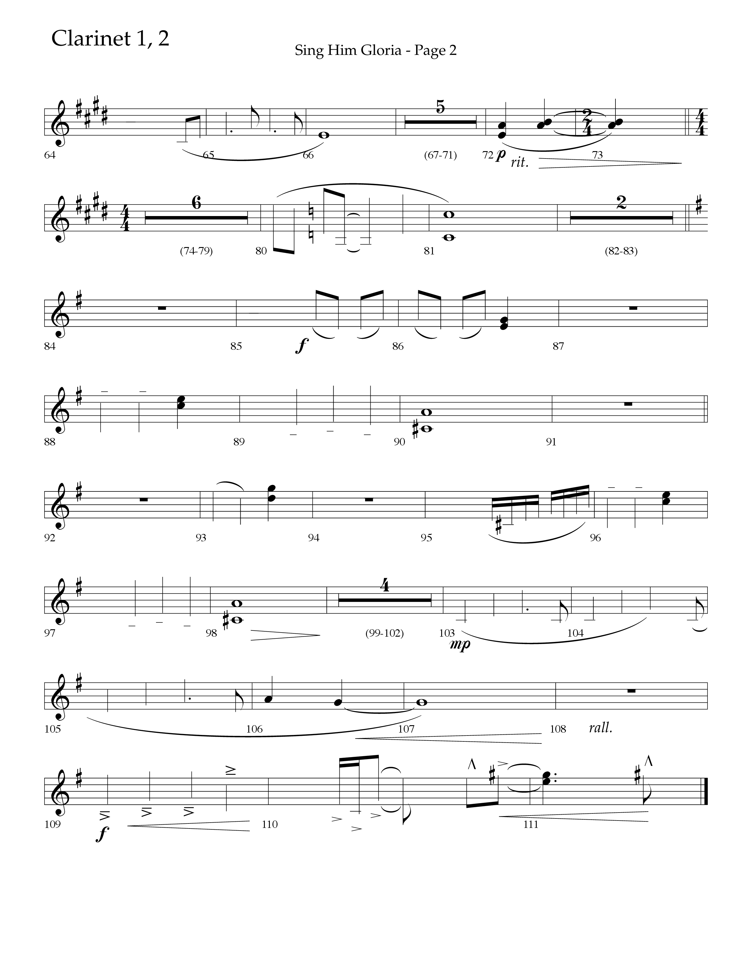 Sing Him Gloria (Choral Anthem SATB) Clarinet 1/2 (Lifeway Choral / Arr. J. Daniel Smith)