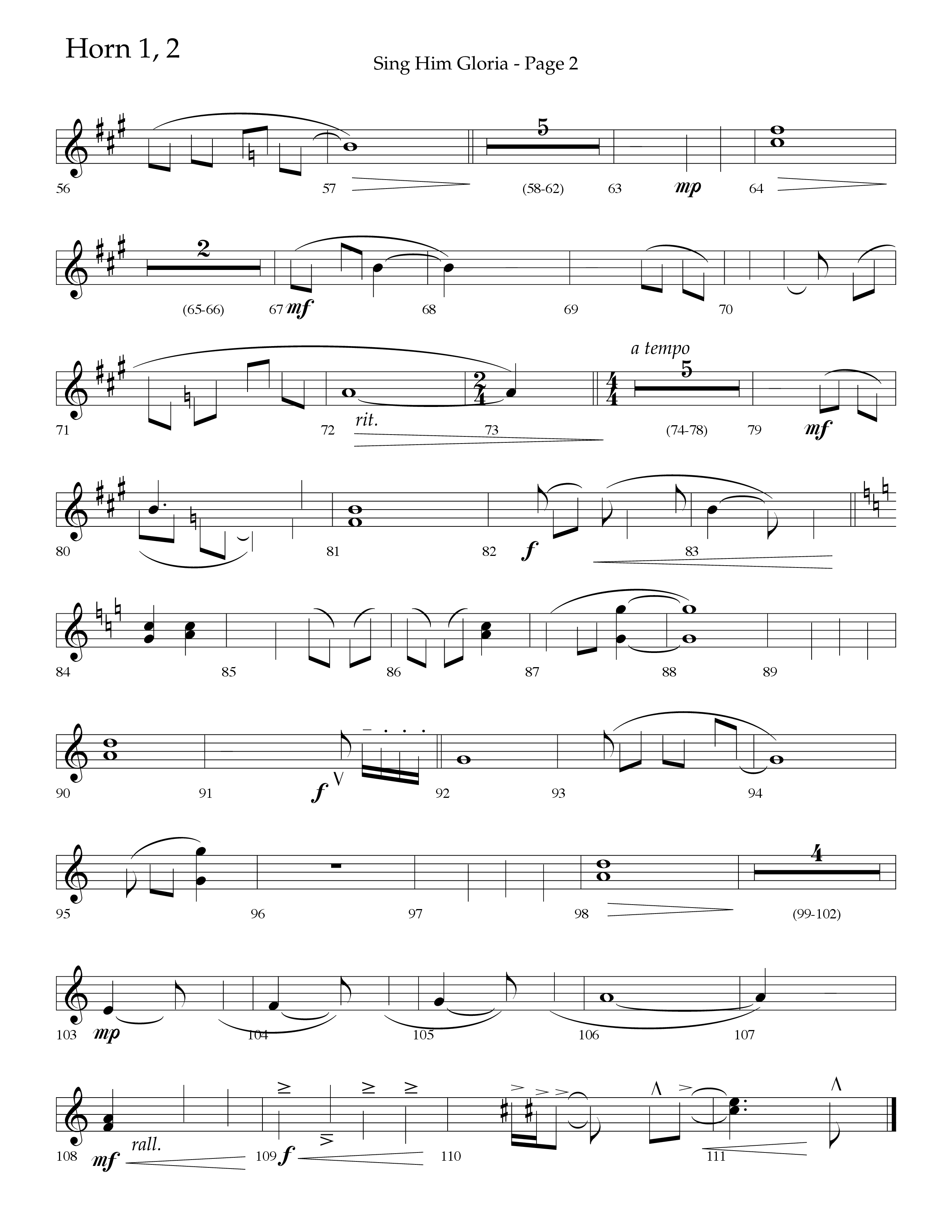Sing Him Gloria (Choral Anthem SATB) French Horn 1/2 (Lifeway Choral / Arr. J. Daniel Smith)